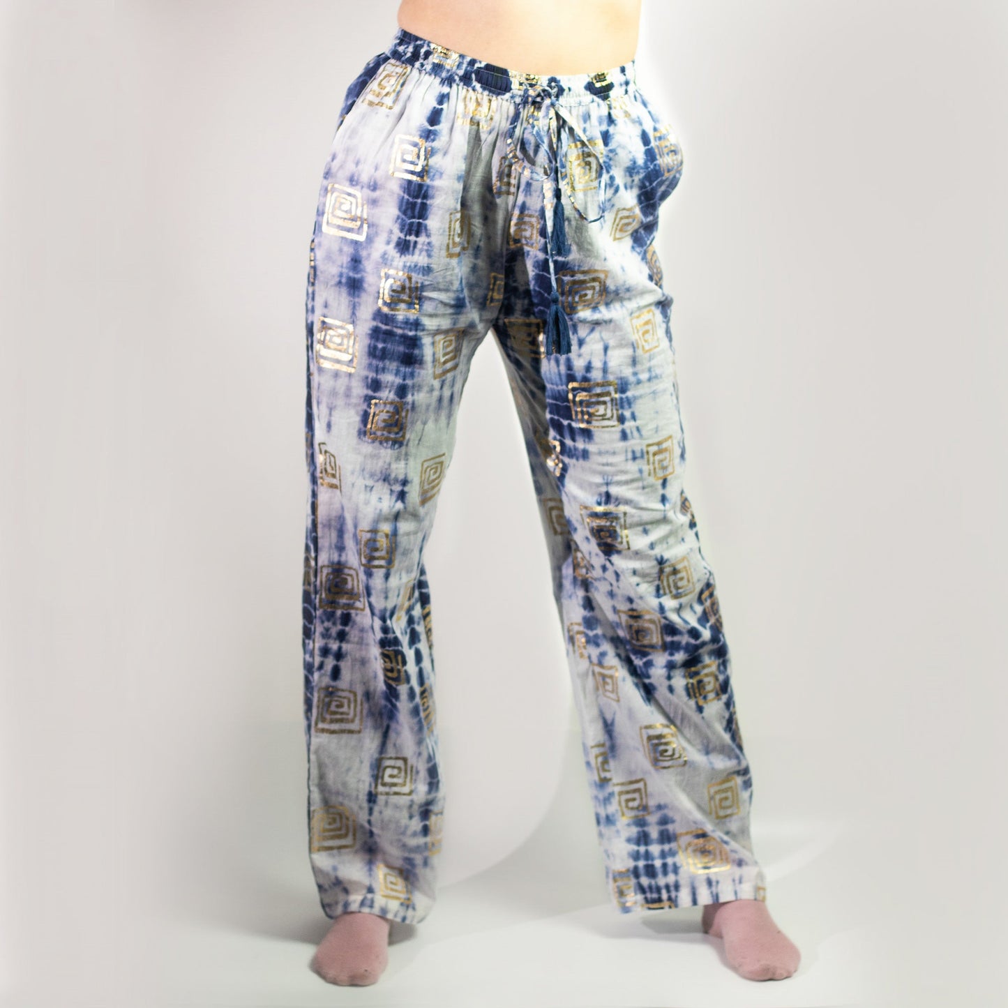 Nomad Sari Hand Painted Eco-Friendly 100% Cotton Lounge Pants - Medium - Large / Greek Motif / White, Blue and Gold product packaging on clean background from Quintessential Holistic Health Ltd