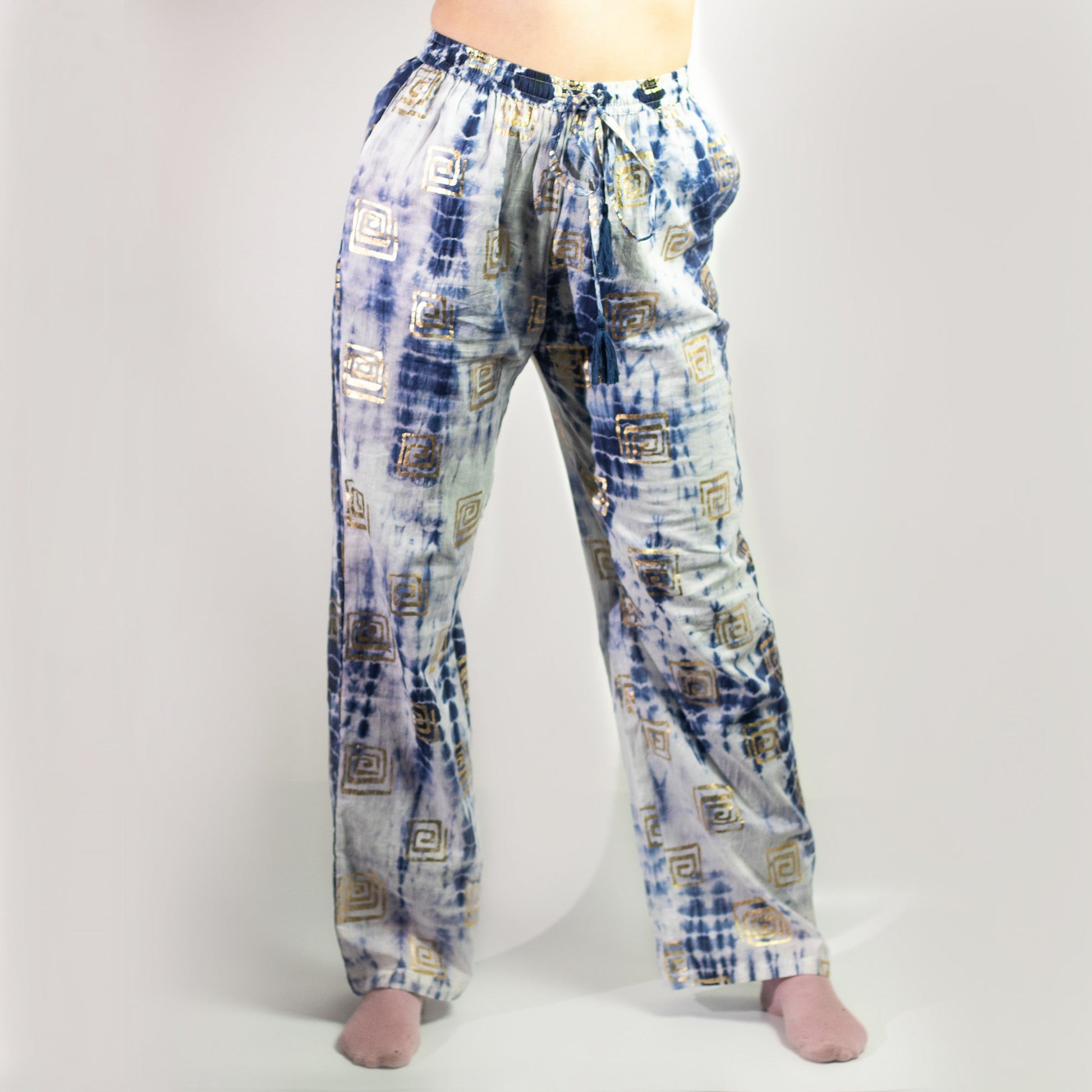 Nomad Sari Hand Painted Eco-Friendly 100% Cotton Lounge Pants - Medium - Large / Greek Motif / White, Blue and Gold product packaging on clean background from Quintessential Holistic Health Ltd