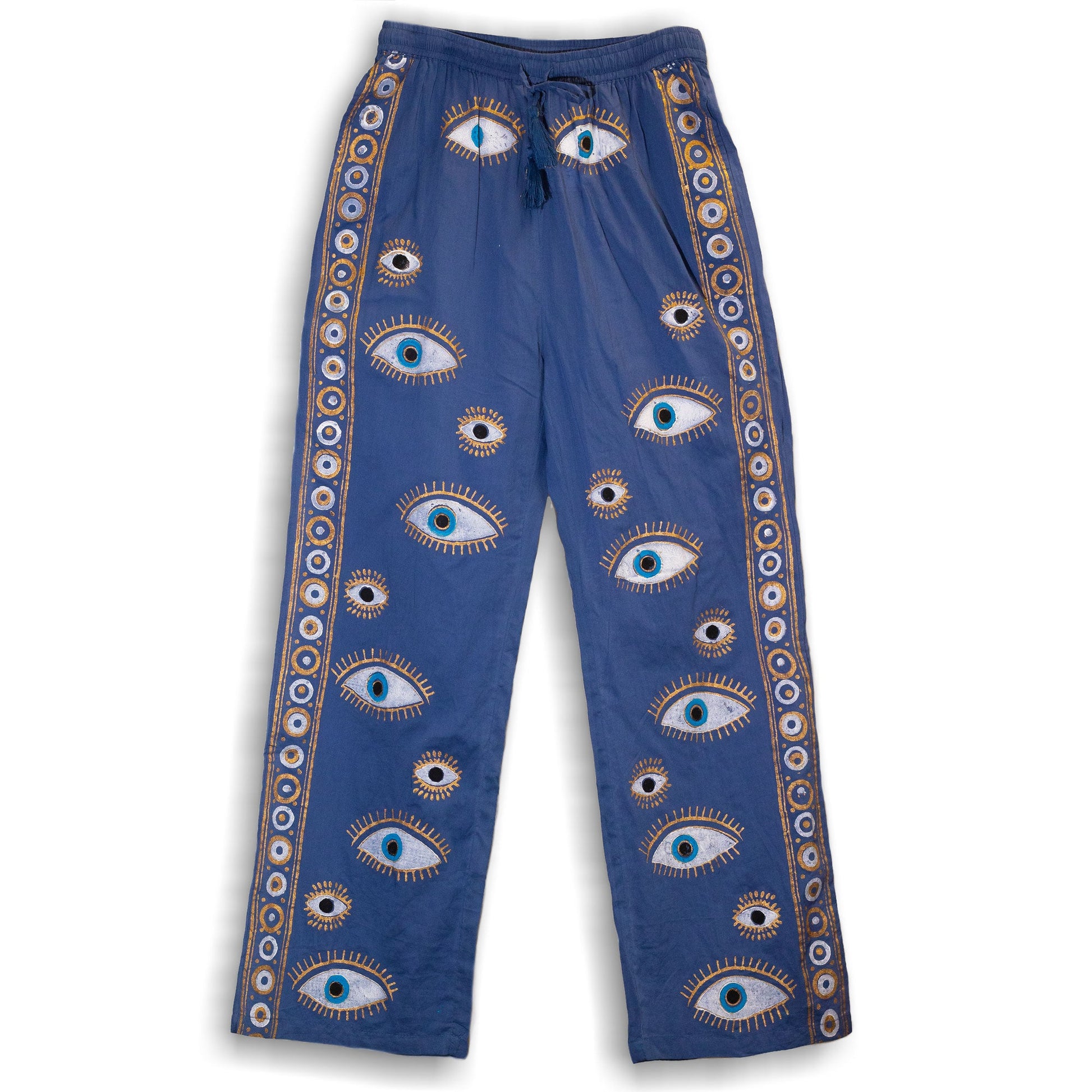 Nomad Sari Hand Painted Eco-Friendly 100% Cotton Lounge Pants - Medium - Large / All Seeing Eye / Blue and Gold product packaging on clean background from Quintessential Holistic Health Ltd