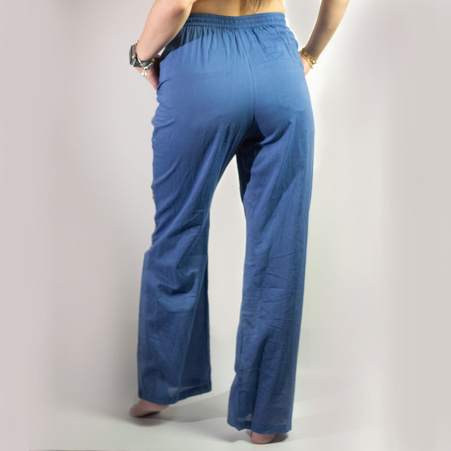 Nomad Sari Hand Painted Eco-Friendly 100% Cotton Lounge Pants - Large - Extra Large / All Seeing Eye / Blue and Gold product packaging on clean background from Quintessential Holistic Health Ltd