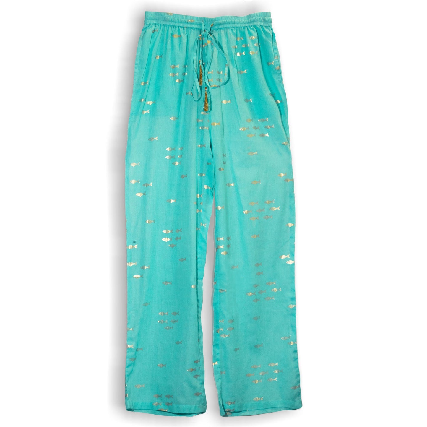 Nomad Sari Hand Painted Eco-Friendly 100% Cotton Lounge Pants - Medium - Large / Golden Fish / Turquoise product packaging on clean background from Quintessential Holistic Health Ltd