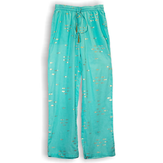 Nomad Sari Hand Painted Eco-Friendly 100% Cotton Lounge Pants - Medium - Large / Golden Fish / Turquoise product packaging on clean background from Quintessential Holistic Health Ltd
