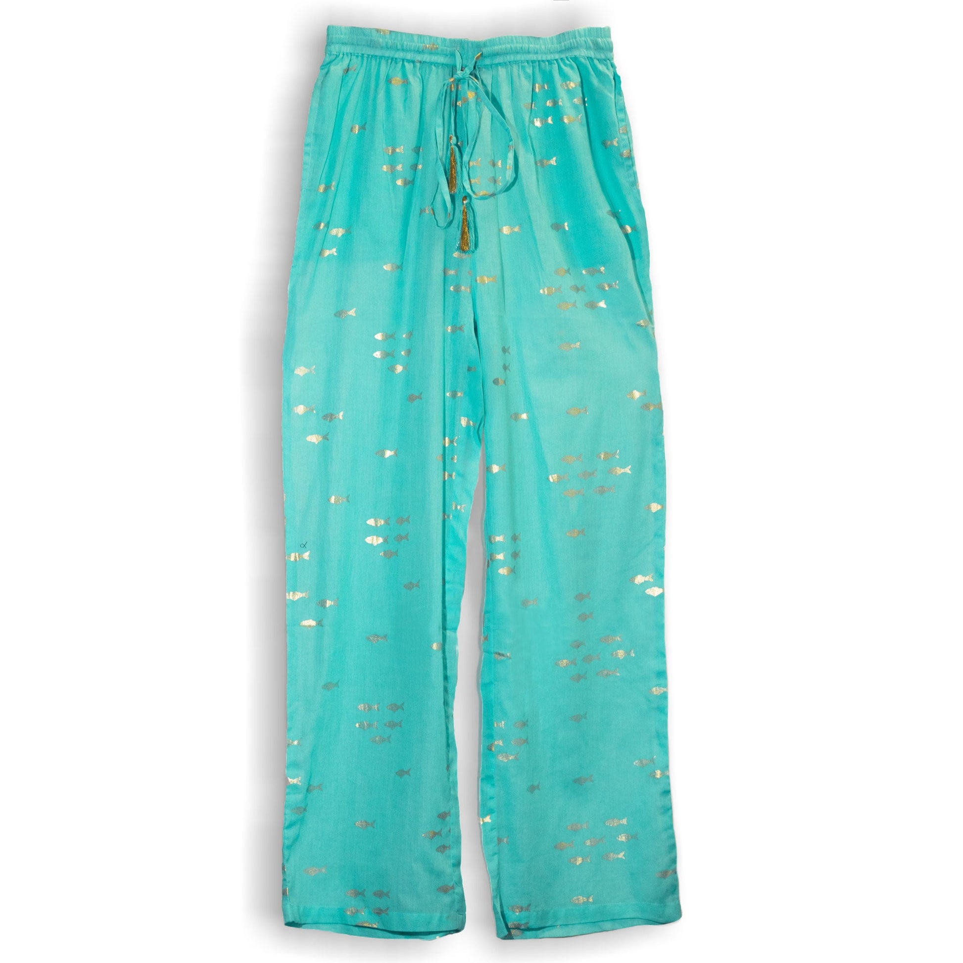 Nomad Sari Hand Painted Eco-Friendly 100% Cotton Lounge Pants - Large - Extra Large / Golden Fish / Turquoise product packaging on clean background from Quintessential Holistic Health Ltd