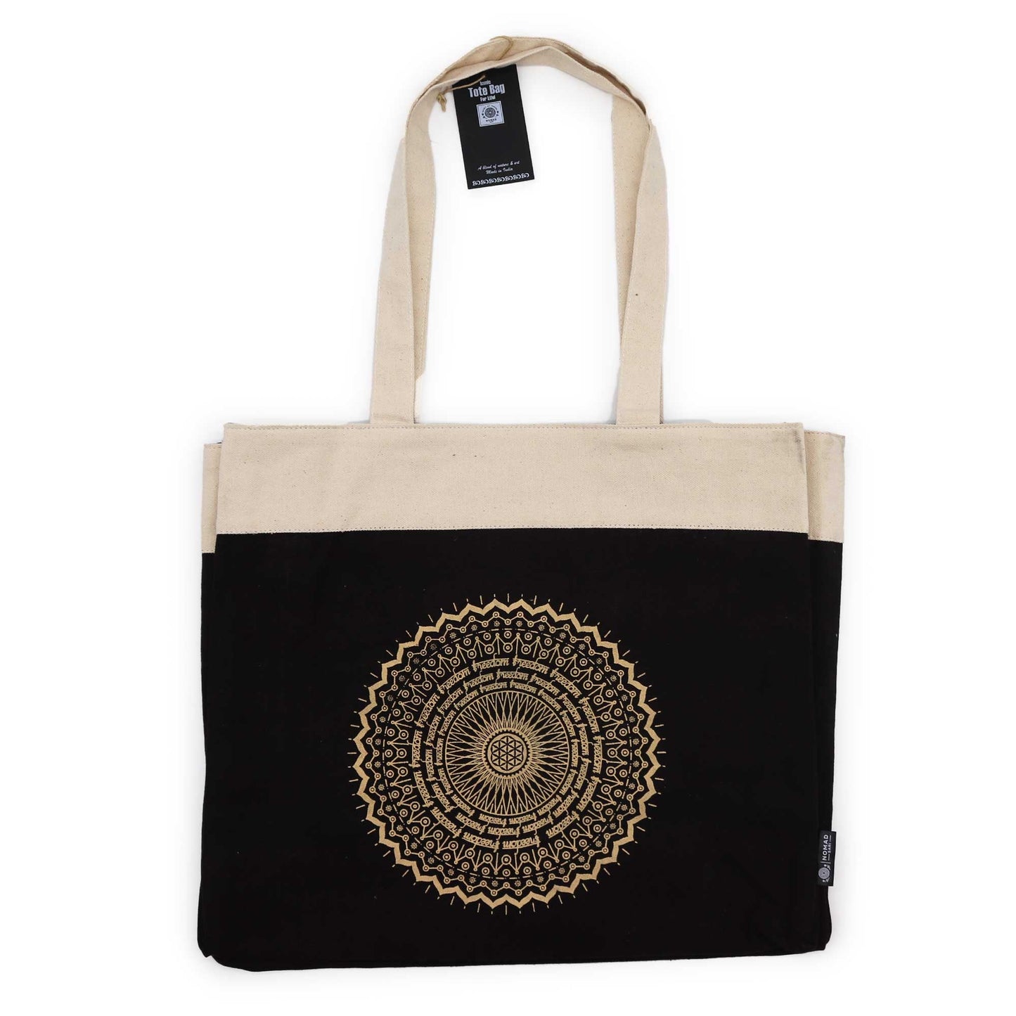 XL Stonewashed Chocolate/Gold Cotton Tote Bag - Freedom Mandala with cream straps, a black lower panel and a gold circular motif by Quintessential Holistic Health Ltd
