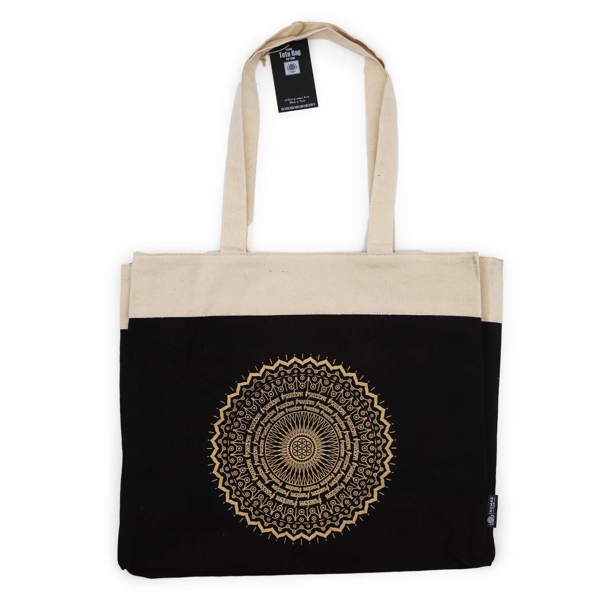 XL Stonewashed Chocolate/Gold Cotton Tote Bag - Freedom Mandala with cream straps, a black lower panel and a gold circular motif by Quintessential Holistic Health Ltd