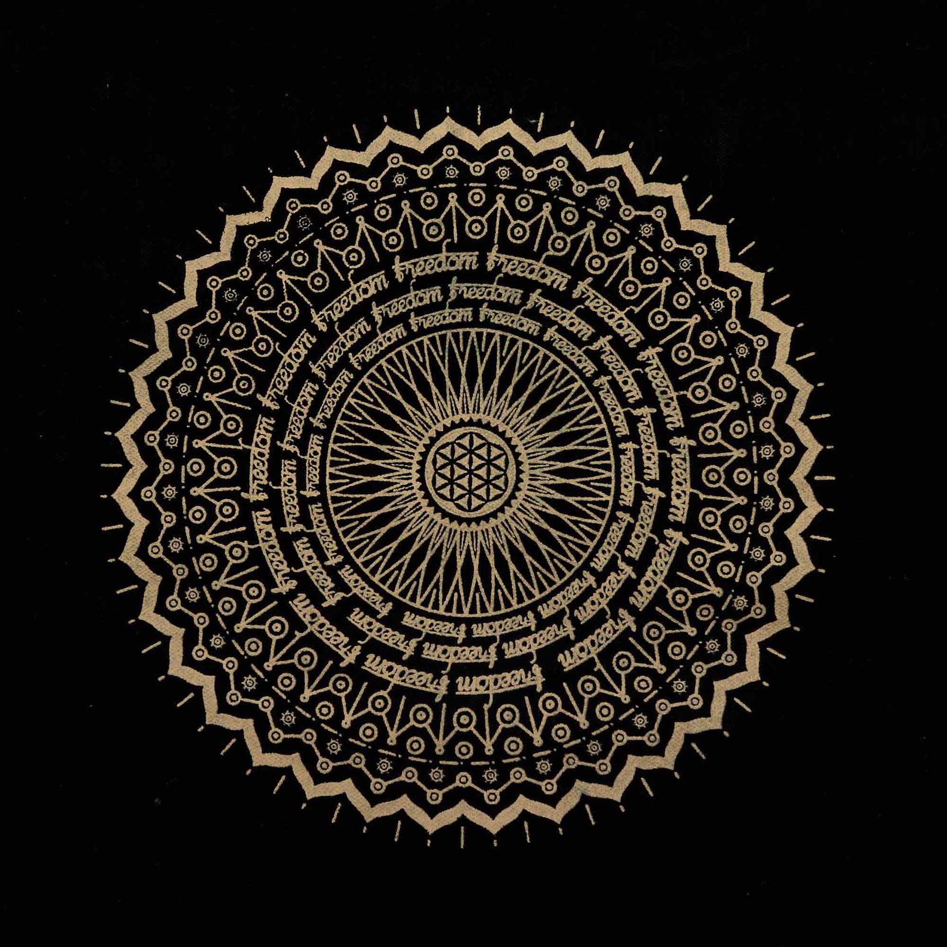 XL Stonewashed Chocolate/Gold Cotton Tote Bag - Freedom Mandala showing an intricate gold circular design on black fabric by Quintessential Holistic Health Ltd