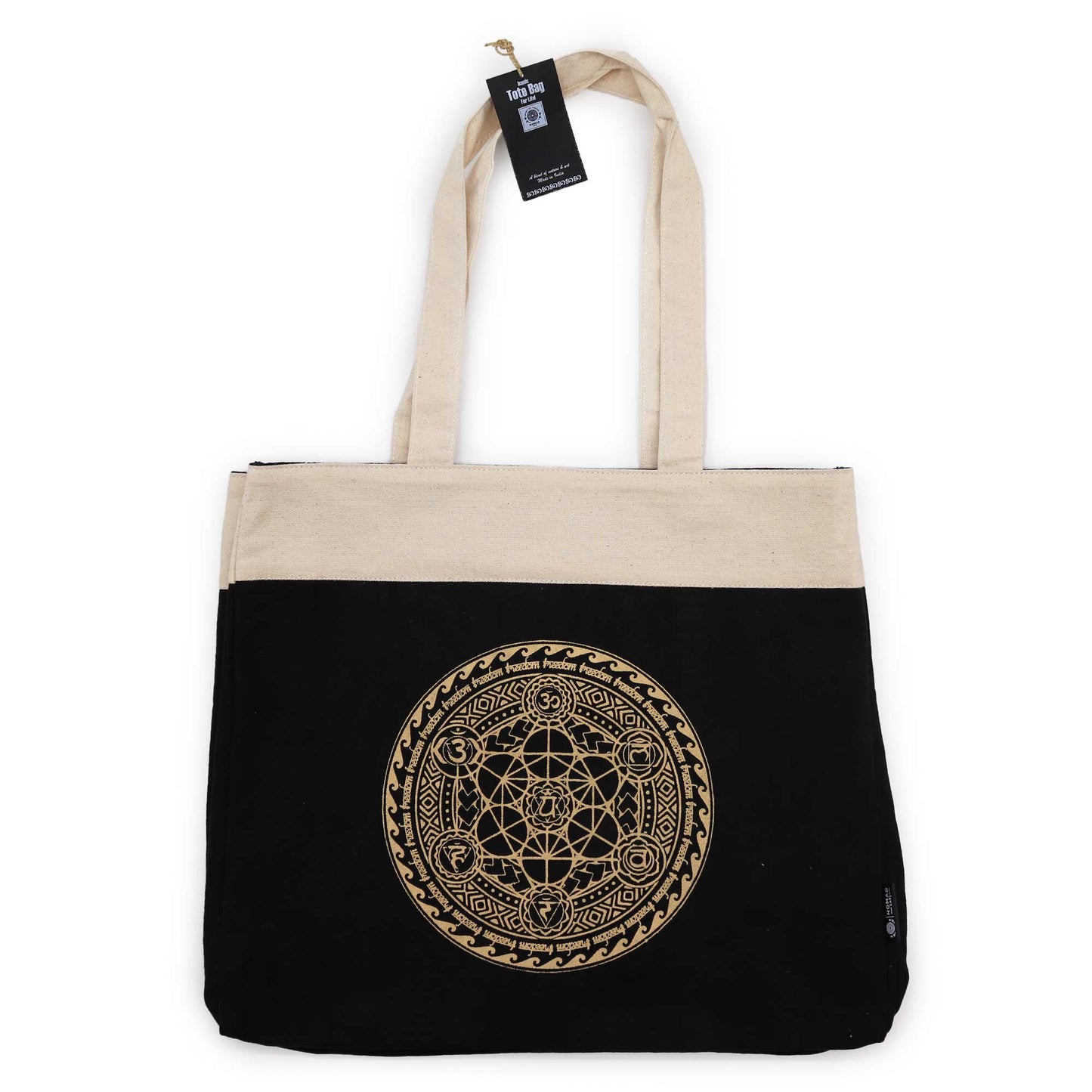 Handmade Oversized Natural Cotton Tote Bag - Extra Large / Stonewashed / Chocolate and Gold / Freedom Chakra Mandala product packaging on clean background from Quintessential Holistic Health Ltd