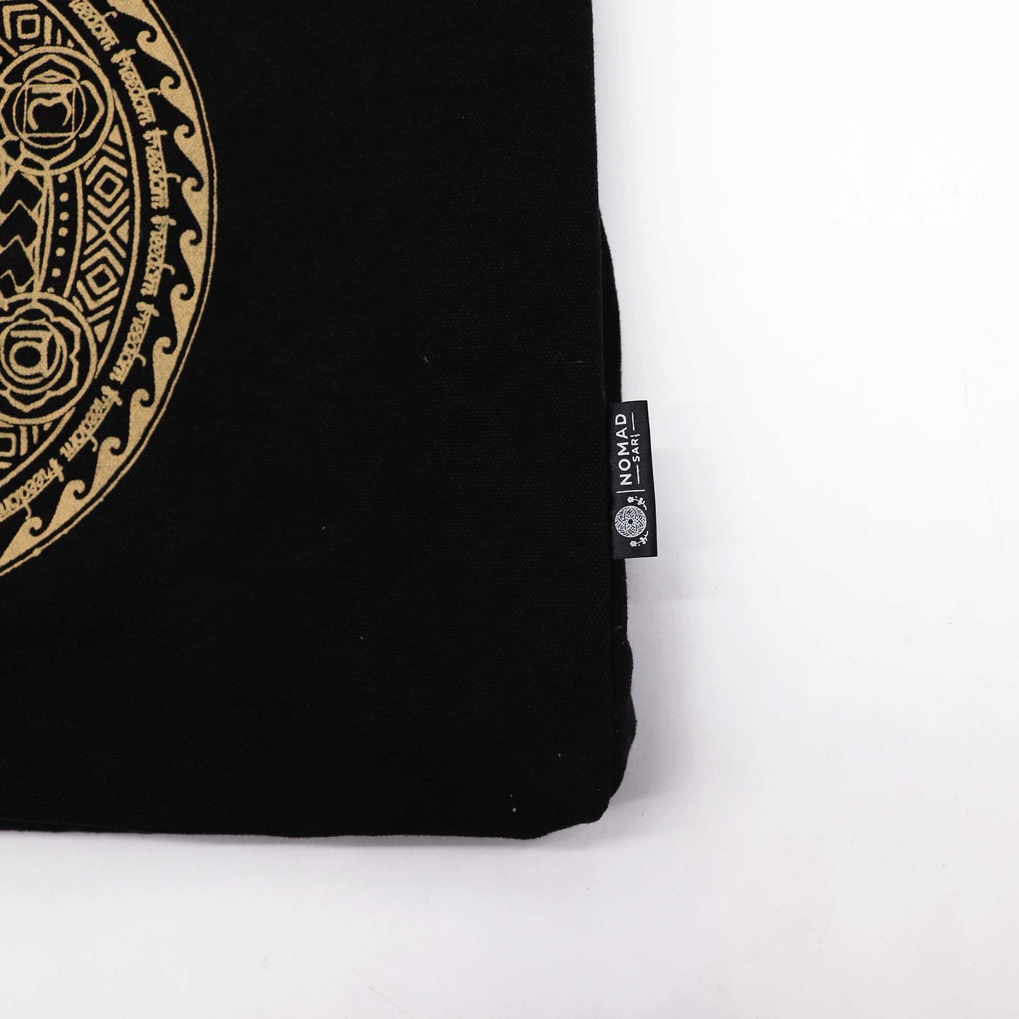 Handmade Oversized Natural Cotton Tote Bag - Extra Large / Stonewashed / Chocolate and Gold / Freedom Chakra Mandala product packaging on clean background from Quintessential Holistic Health Ltd