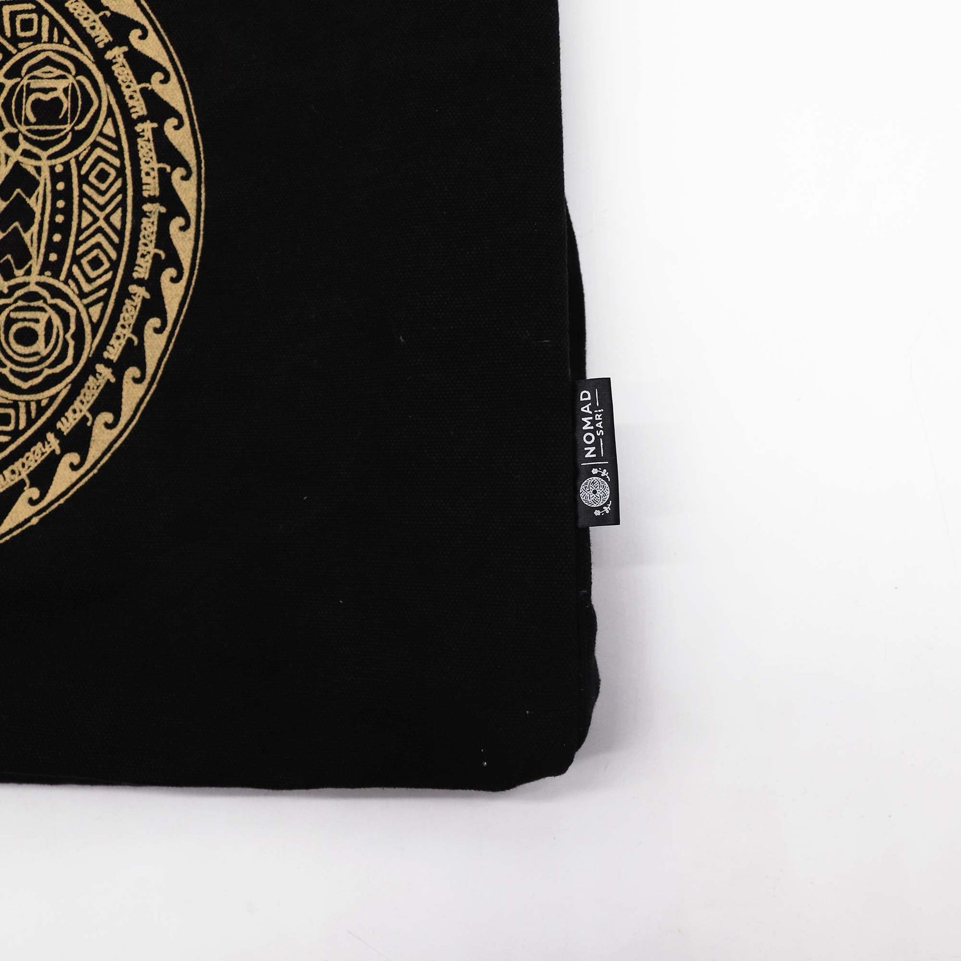 Handmade Oversized Natural Cotton Tote Bag - Extra Large / Stonewashed / Chocolate and Gold / Freedom Chakra Mandala product packaging on clean background from Quintessential Holistic Health Ltd
