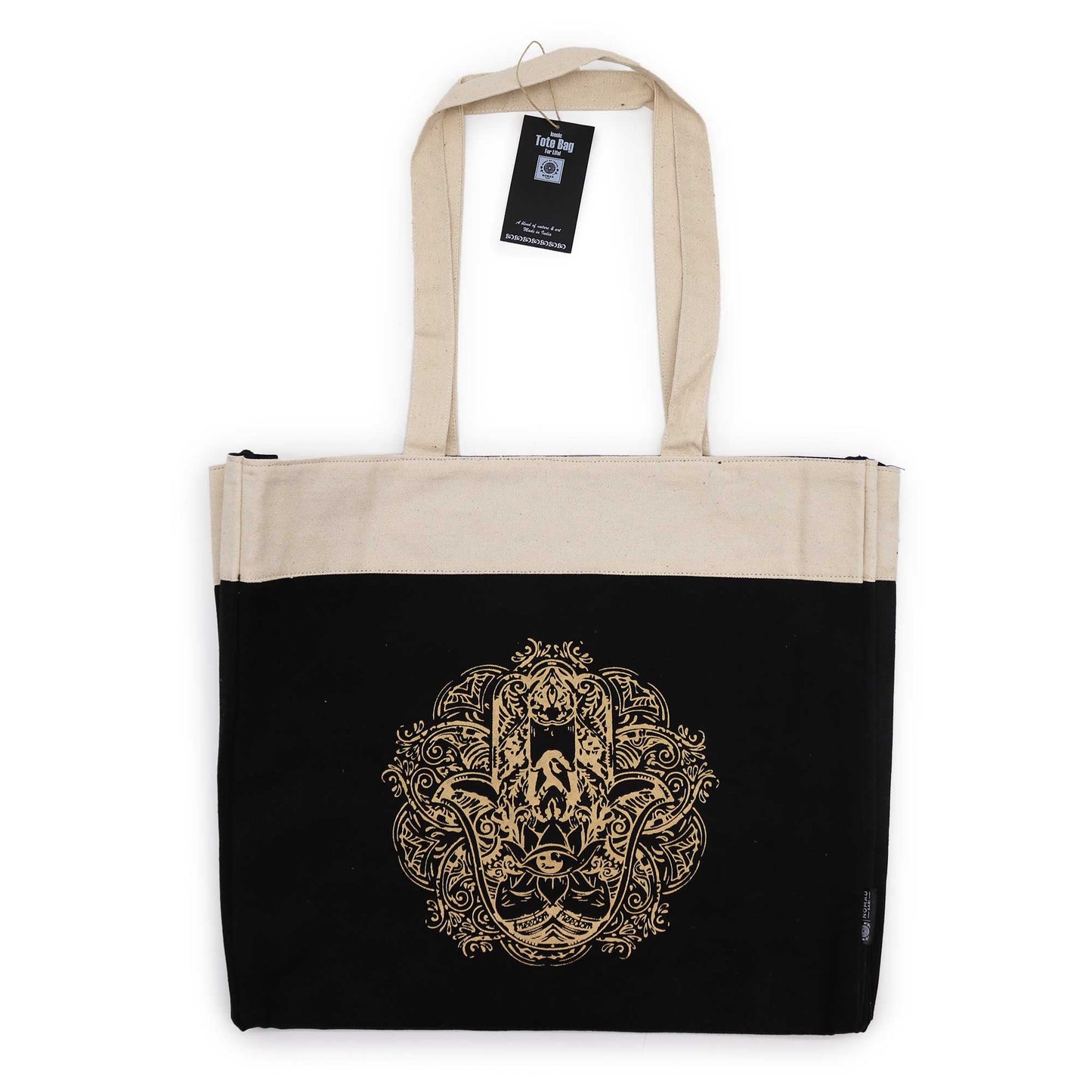 Handmade Oversized Natural Cotton Tote Bag - Extra Large / Stonewashed /Chocolate and Gold / Freedom Hamsa Hand product packaging on clean background from Quintessential Holistic Health Ltd