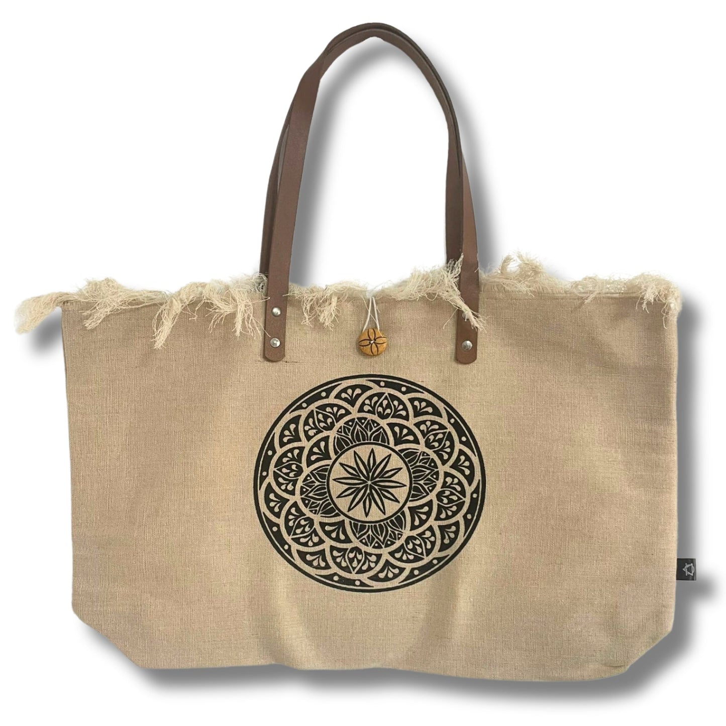 Natural Cotton Tote Bag with Leather Handles - Mandela shown front-facing with a black circular floral motif and fringed top by Quintessential Holistic Health Ltd