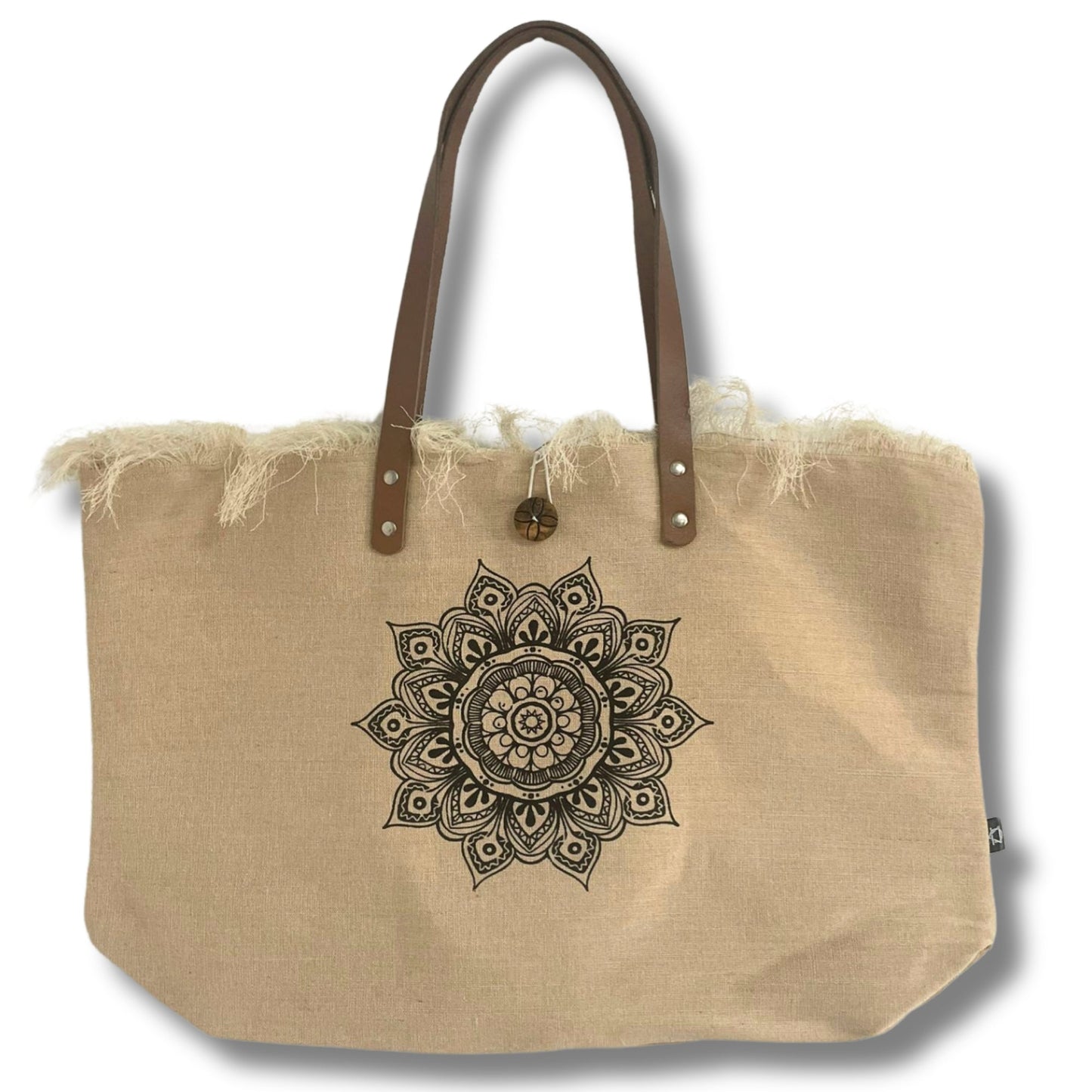Natural Cotton Tote Bag with Leather Handles - Flower of Life shown front-facing with brown trim and a central mandala motif by Quintessential Holistic Health Ltd