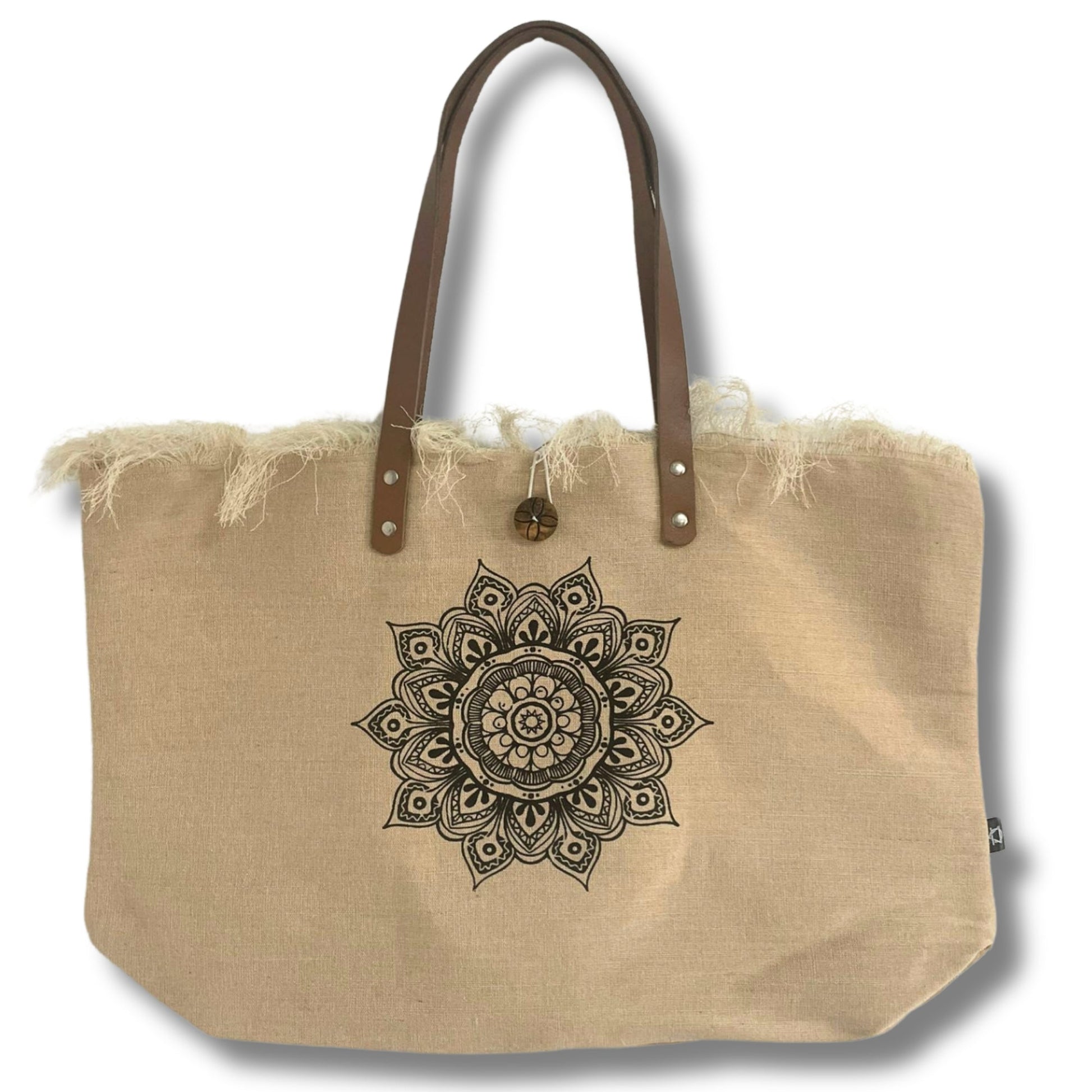 Natural Cotton Tote Bag with Leather Handles - Flower of Life shown front-facing with brown trim and a central mandala motif by Quintessential Holistic Health Ltd