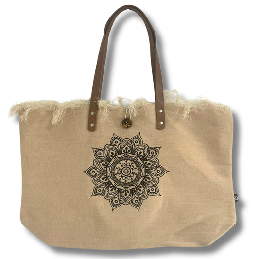 Handmade Eco-Friendly Natural Cotton Tote Bag with Leather Handles - Flower of Life - main product image from Quintessential Holistic Health Ltd UK