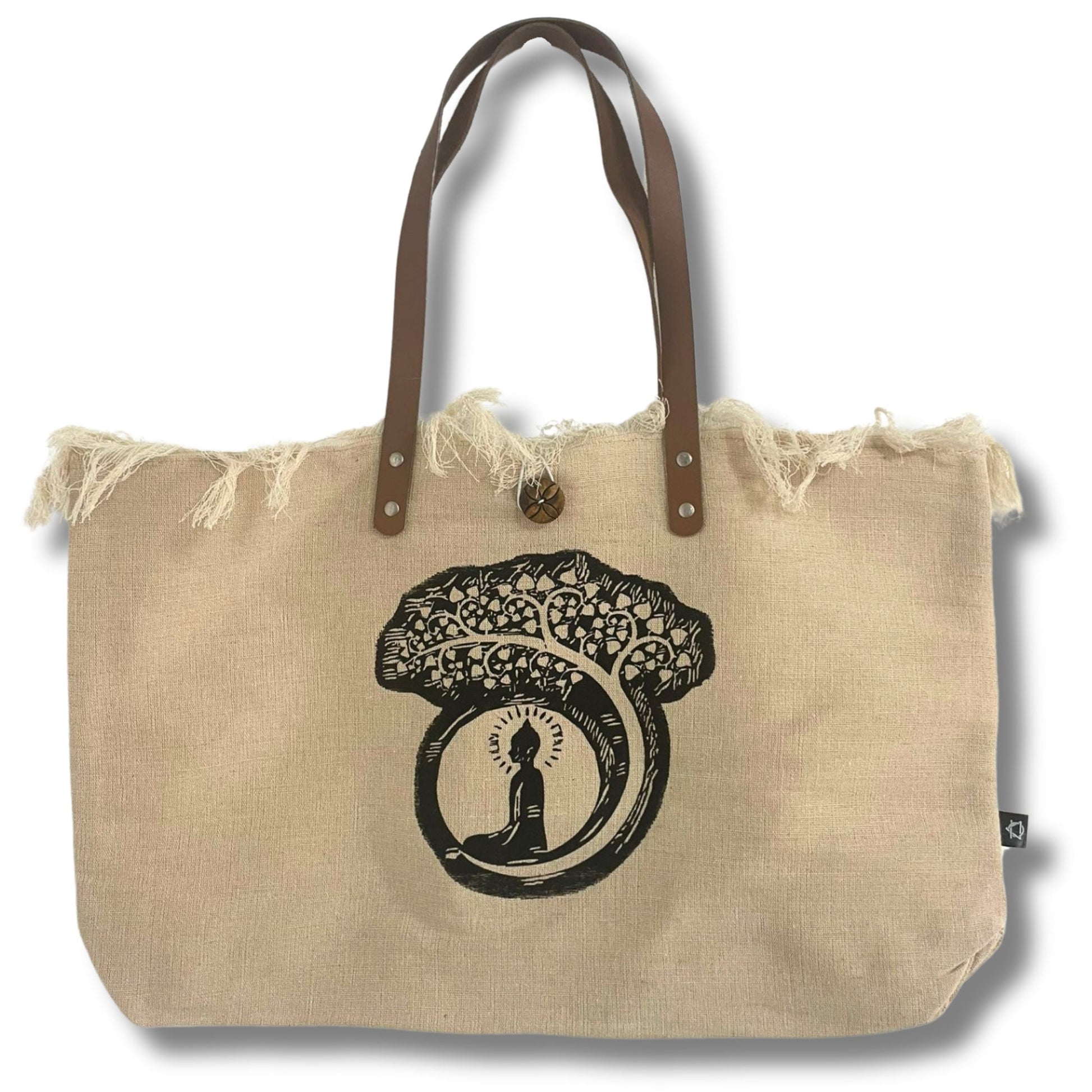 Handmade Eco-Friendly Natural Cotton Tote Bag with Leather Handles - Buddha product packaging on clean background from Quintessential Holistic Health Ltd