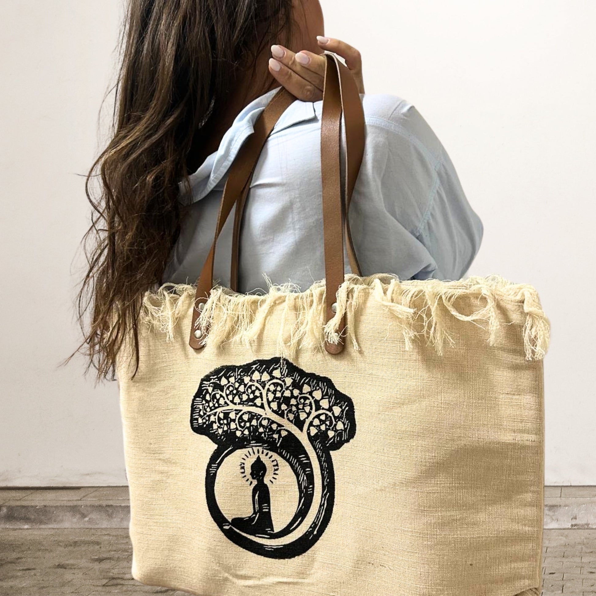 Handmade Eco-Friendly Natural Cotton Tote Bag with Leather Handles - Buddha product packaging on clean background from Quintessential Holistic Health Ltd