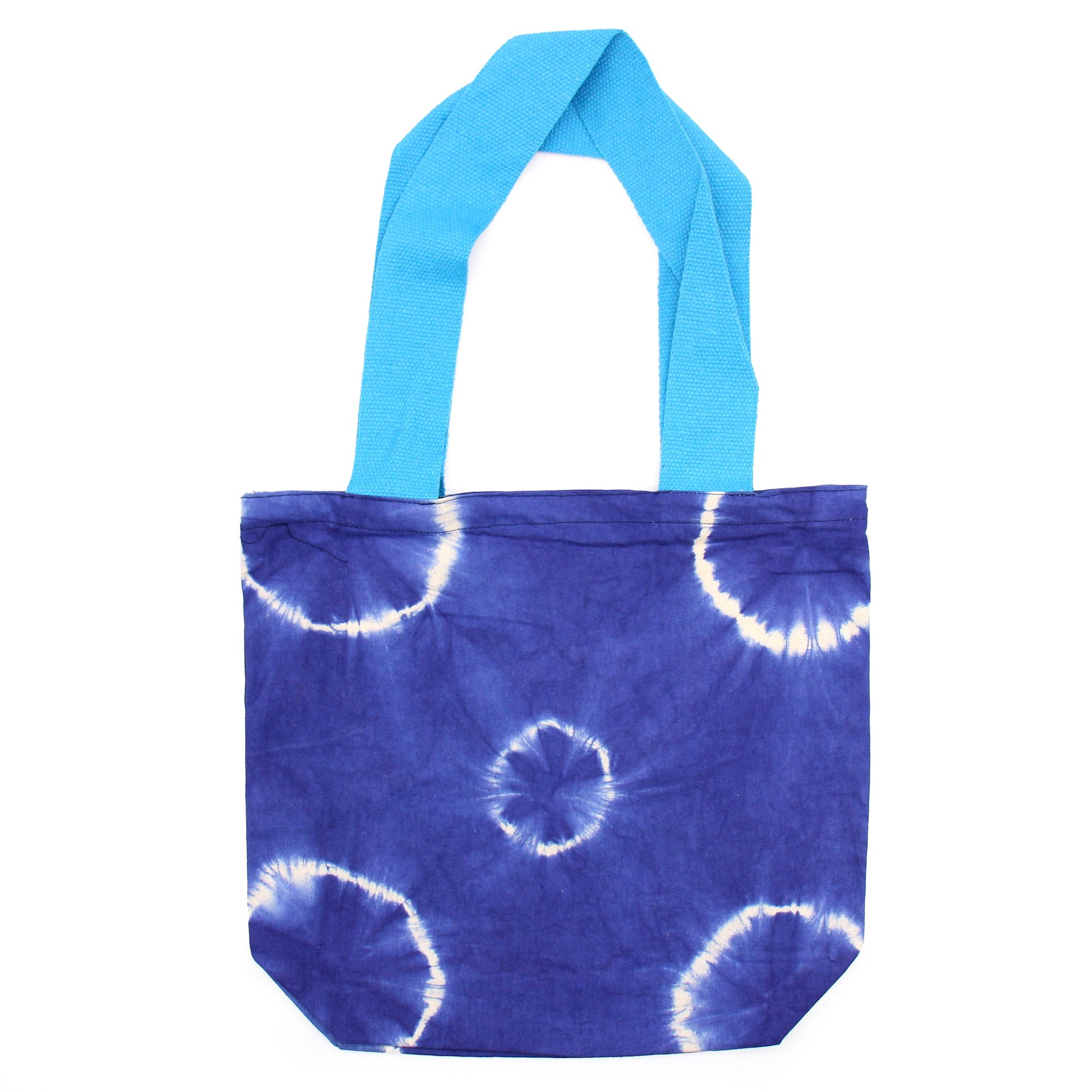 Handmade Eco-Friendly 100% Natural Cotton Tie-Dyed Bag - Blue Rings with a Blue Handle product packaging on clean background from Quintessential Holistic Health Ltd