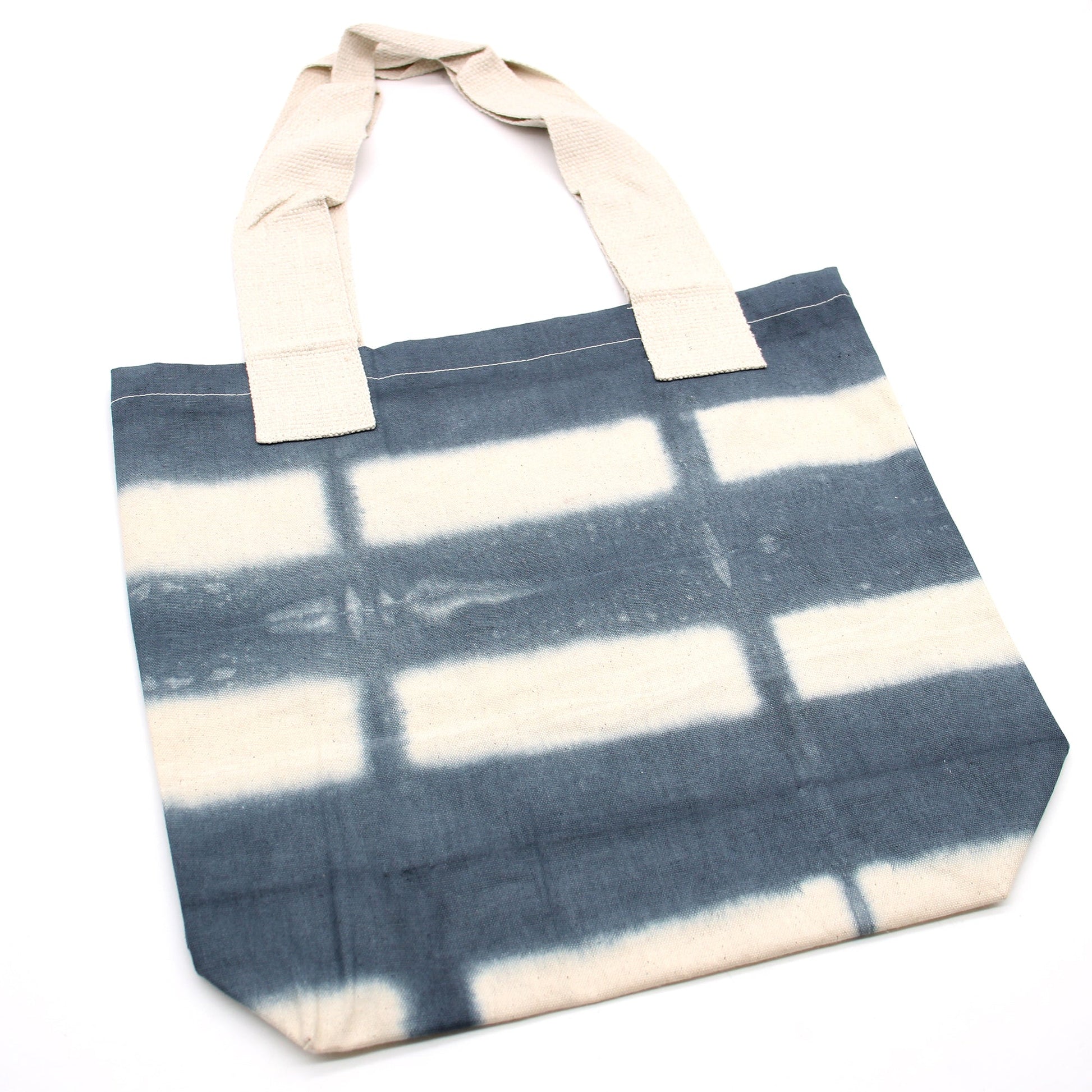 Handmade Eco-Friendly 100% Natural Cotton Tie-Dyed Bag - Grey Blocks with a Natural Handle product packaging on clean background from Quintessential Holistic Health Ltd