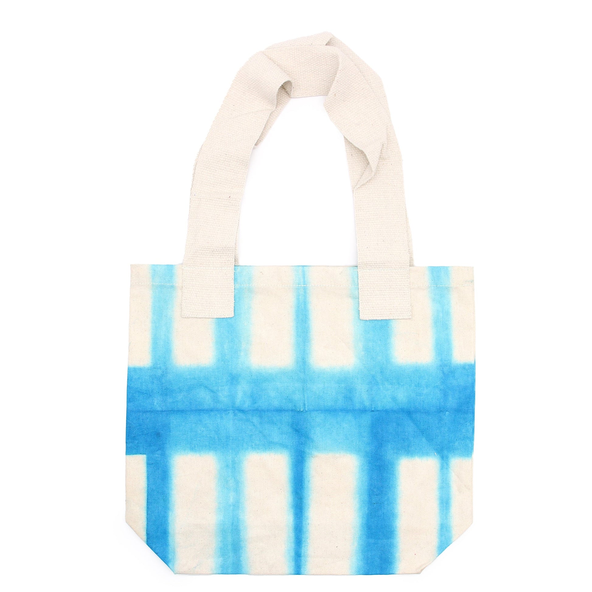 Handmade Eco-Friendly 100% Natural Cotton Tie-Dyed Bag - Sky Blue Blocks with a Natural Handle product packaging on clean background from Quintessential Holistic Health Ltd