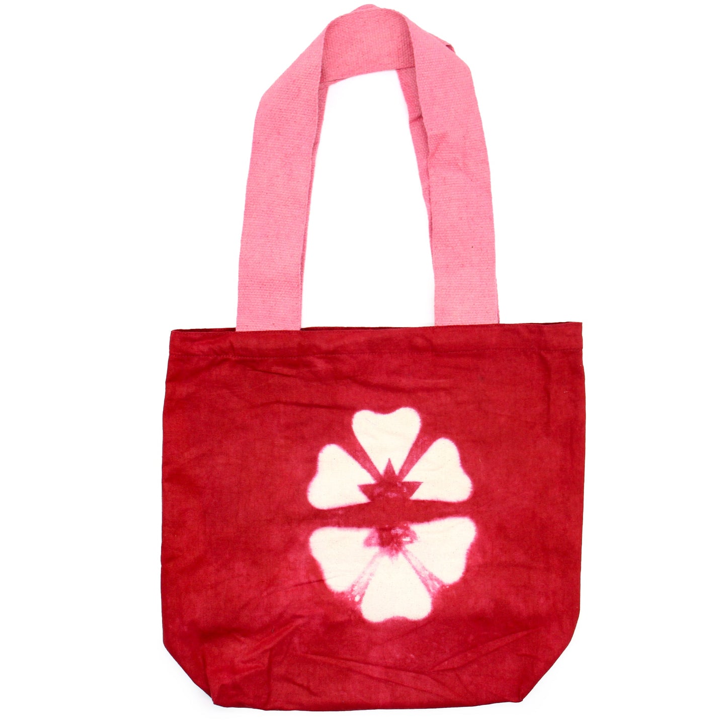 Handmade Eco-Friendly 100% Natural Cotton Tie-Dyed Bag - Maroon Flower with a Pink Handle product packaging on clean background from Quintessential Holistic Health Ltd