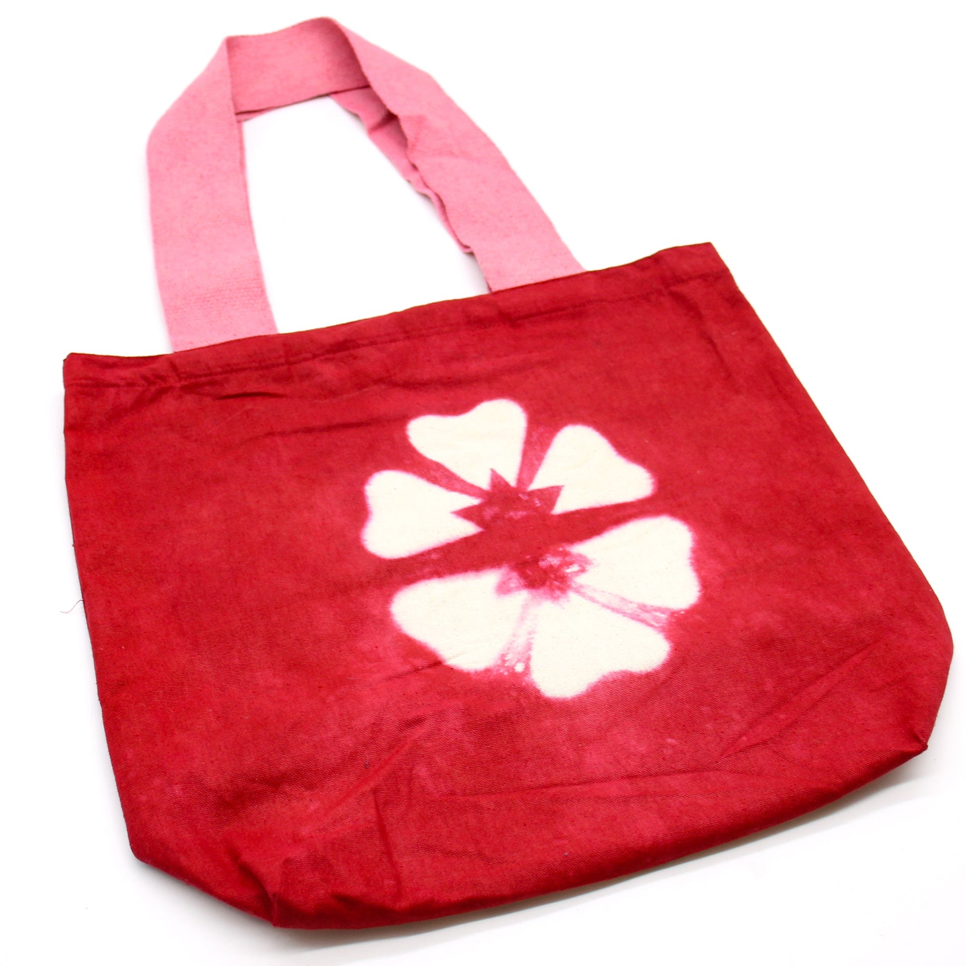 Handmade Eco-Friendly 100% Natural Cotton Tie-Dyed Bag - Maroon Flower with a Pink Handle product packaging on clean background from Quintessential Holistic Health Ltd