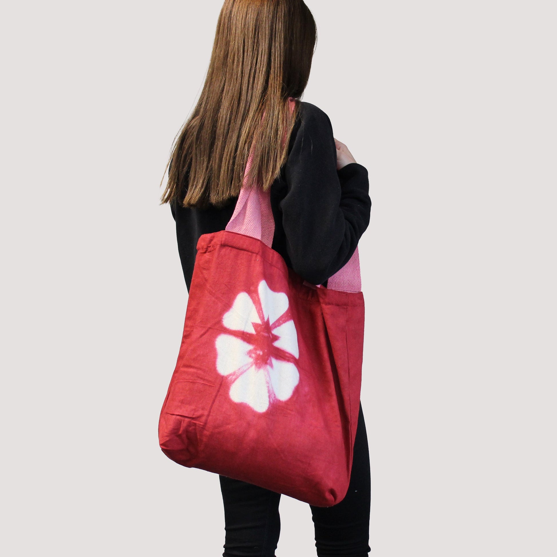 Handmade Eco-Friendly 100% Natural Cotton Tie-Dyed Bag - Blue Flower with a Blue Handle product packaging on clean background from Quintessential Holistic Health Ltd