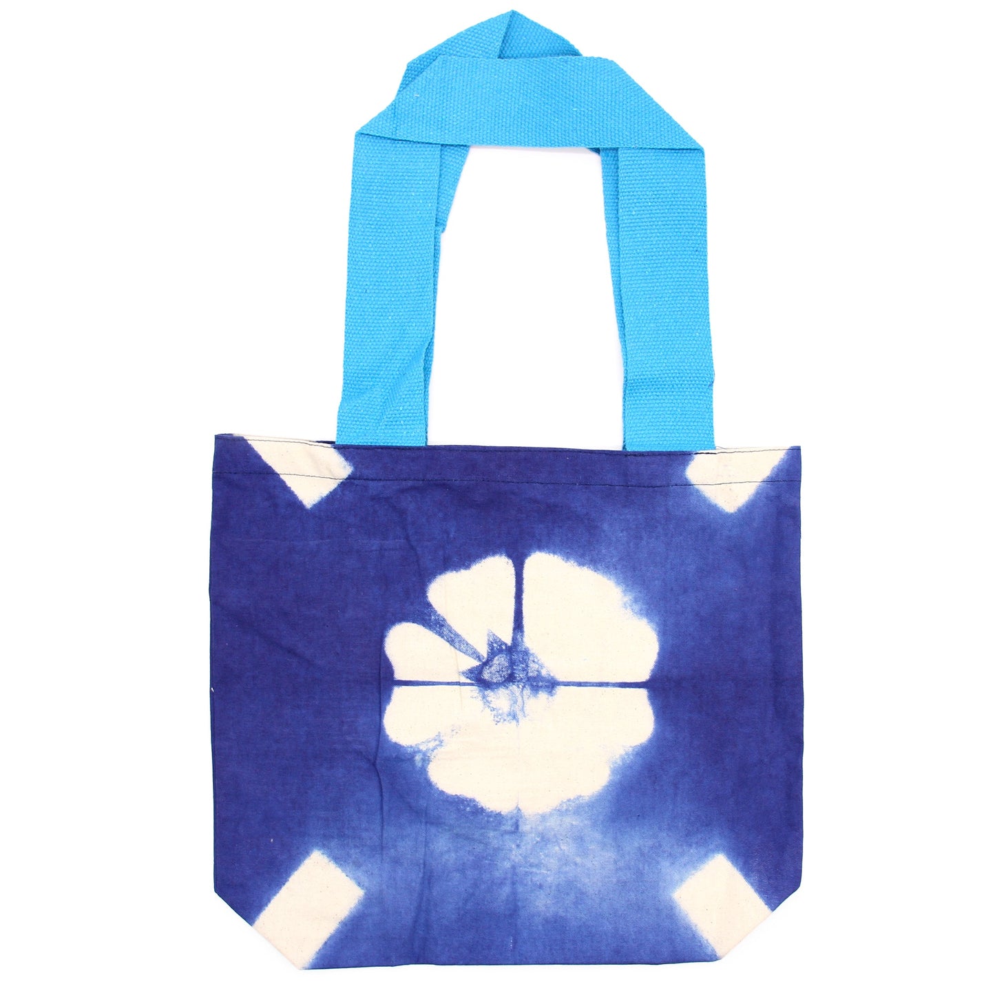 Handmade Eco-Friendly 100% Natural Cotton Tie-Dyed Bag - Blue Flower with a Blue Handle product packaging on clean background from Quintessential Holistic Health Ltd