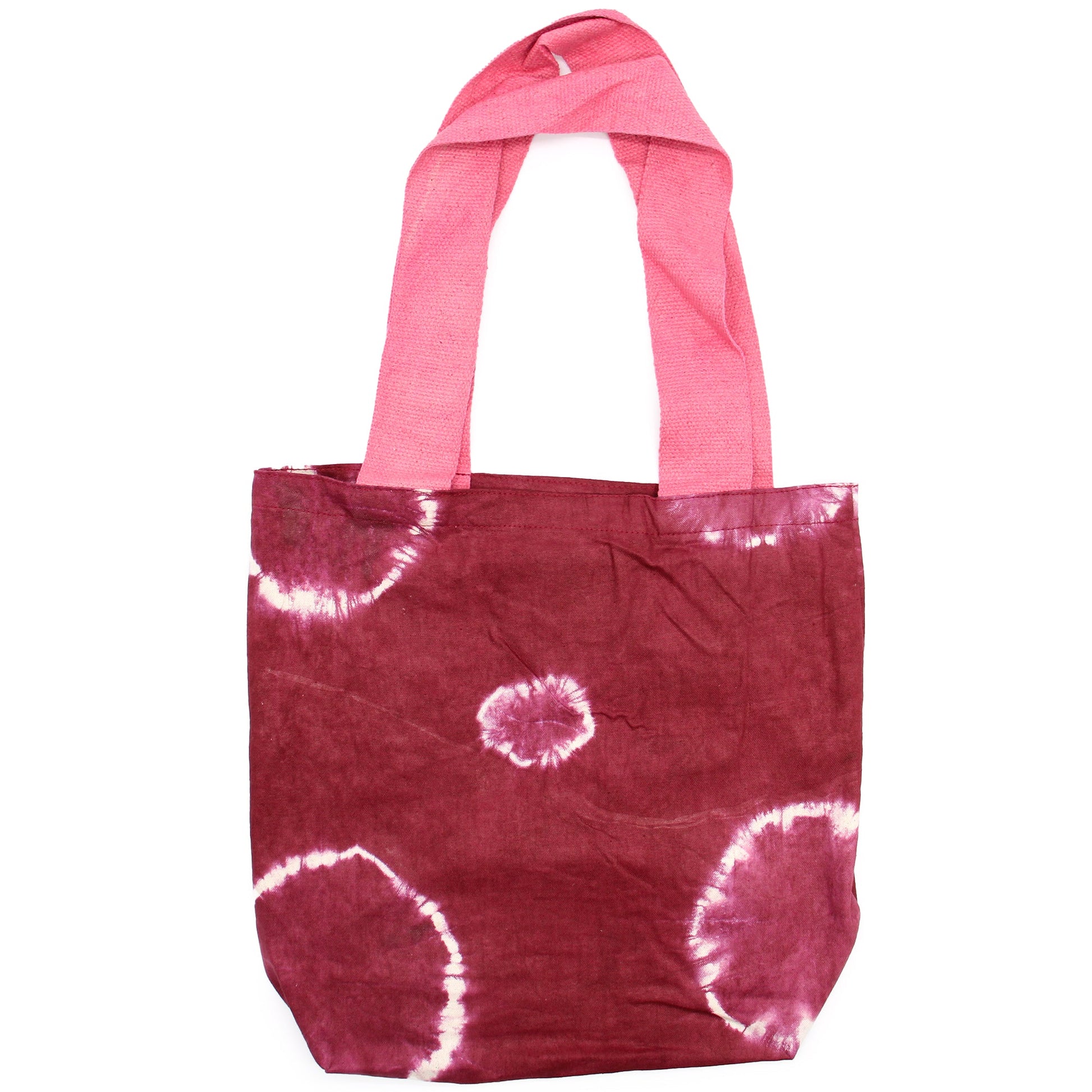 Handmade Eco-Friendly 100% Natural Cotton Tie-Dyed Bag - Maroon Rings with a Pink Handle product packaging on clean background from Quintessential Holistic Health Ltd