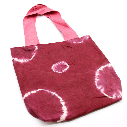 Handmade Eco-Friendly 100% Natural Cotton Tie-Dyed Bag - Maroon Rings with a Pink Handle - main product image from Quintessential Holistic Health Ltd UK