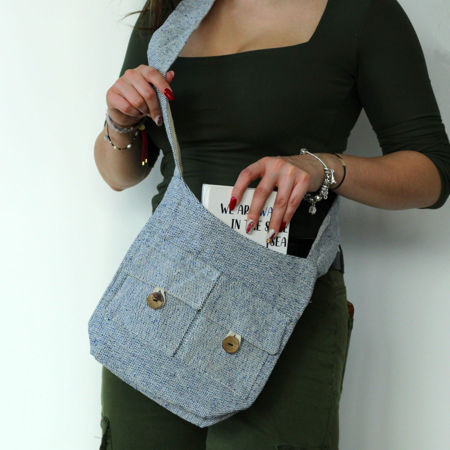 Eco-Chic Cotton Two Pocket Bags - Medium / Blue Denim product packaging on clean background from Quintessential Holistic Health Ltd
