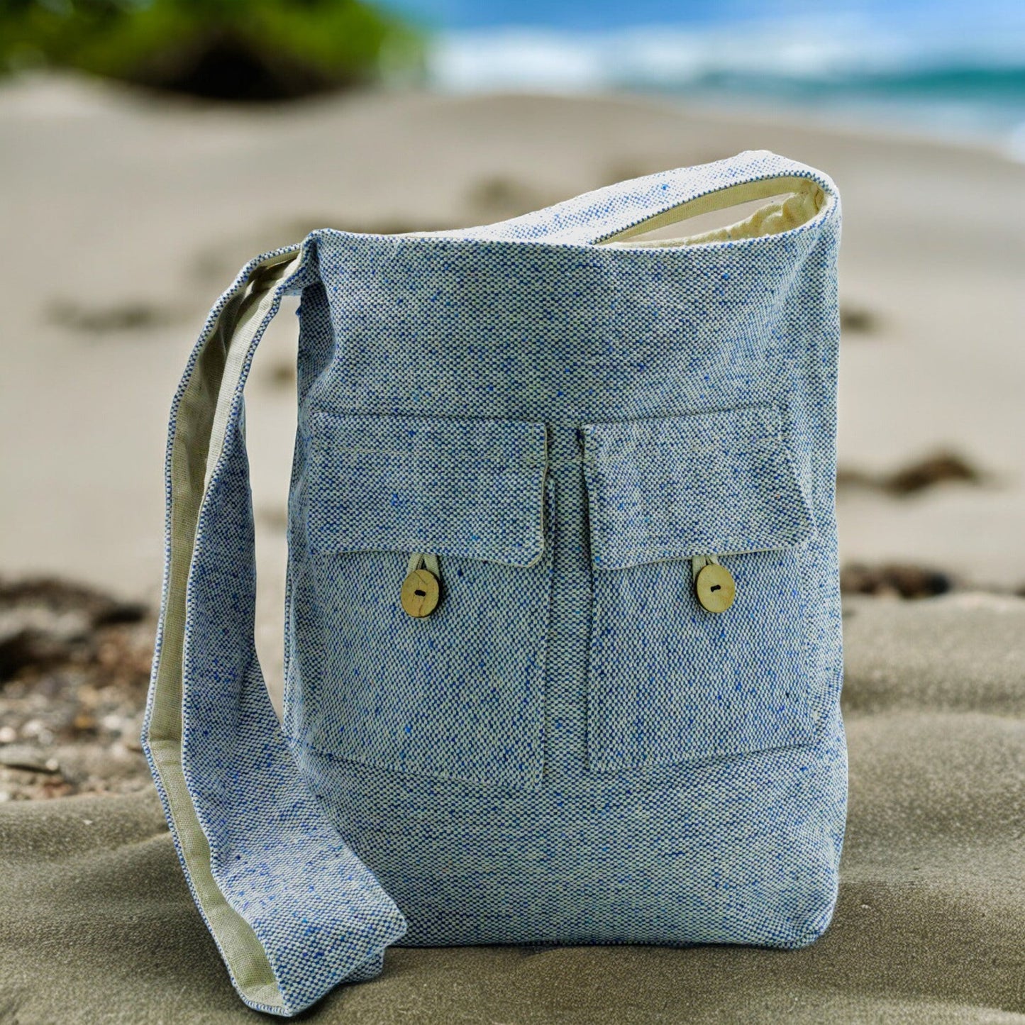Eco-Chic Cotton Two Pocket Bags - Medium / Blue Denim product packaging on clean background from Quintessential Holistic Health Ltd