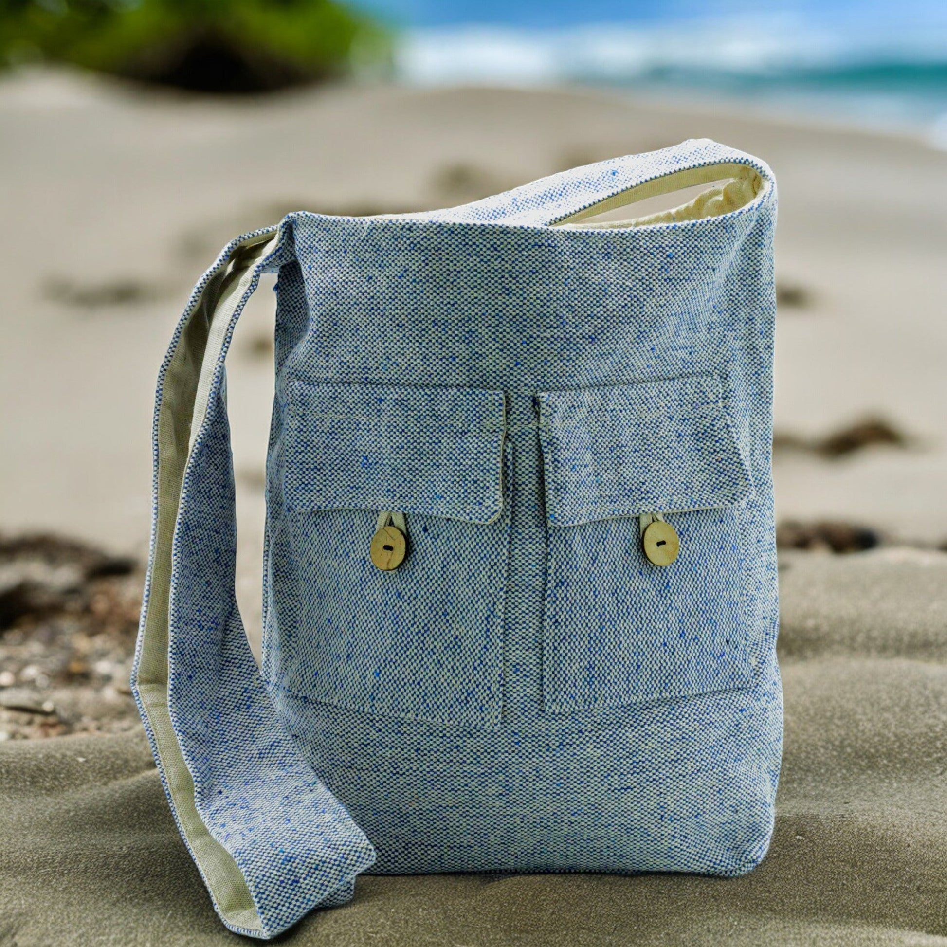 Eco-Chic Cotton Two Pocket Bags - Medium / Blue Denim product packaging on clean background from Quintessential Holistic Health Ltd