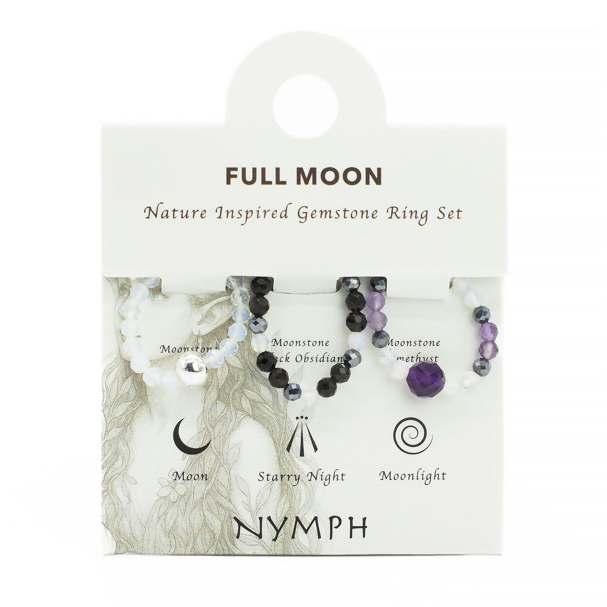 Mystical Nymph Spirit Gemstone 3-Ring Set – Full Moon, purple, black and pale beaded rings attached to an illustrated card with moon symbols, by Quintessential Holistic Health Ltd