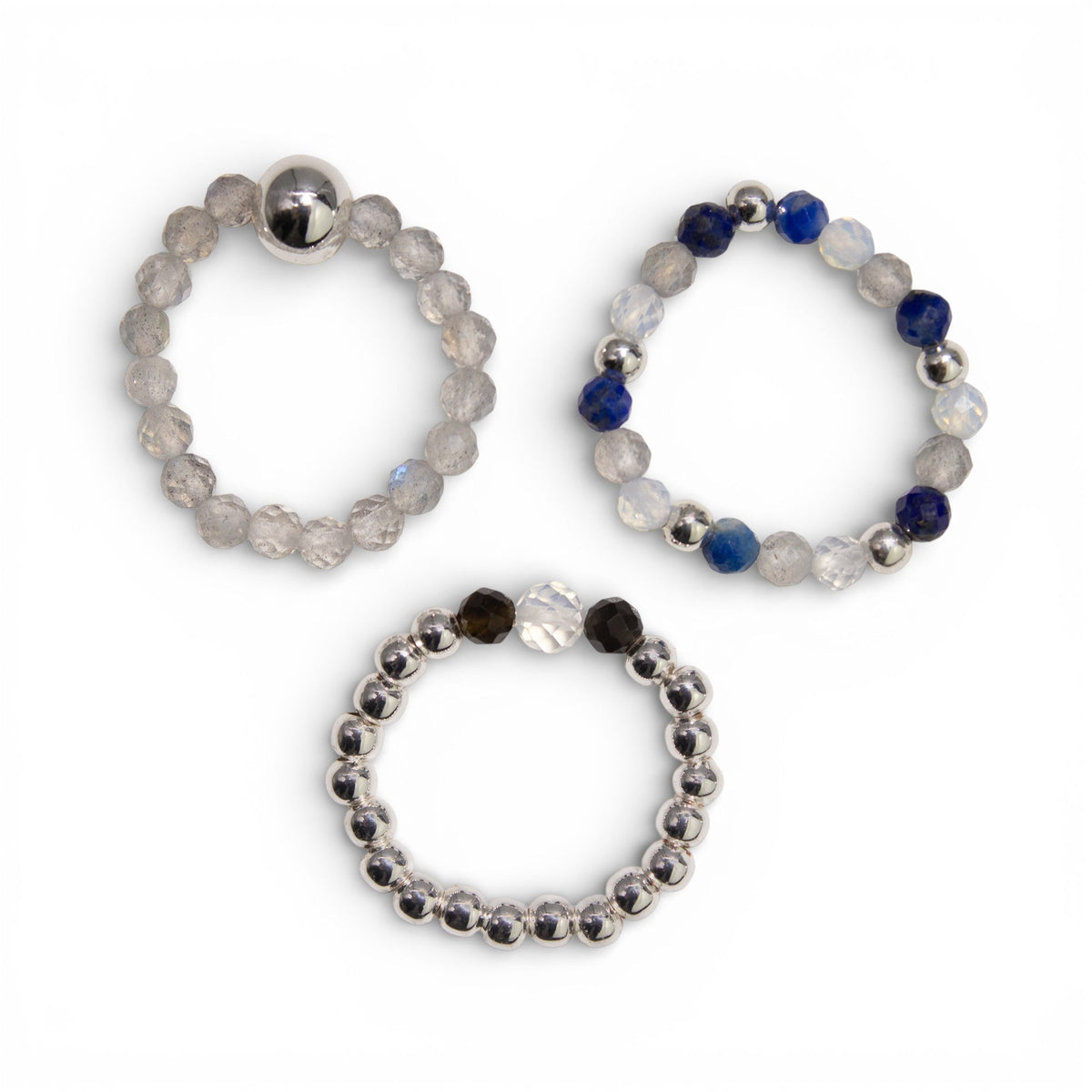 Mystical Nymph Spirit Gemstone 3 Ring Set - Northern Lights arranged separately, with grey, blue and silver-tone beads by Quintessential Holistic Health Ltd