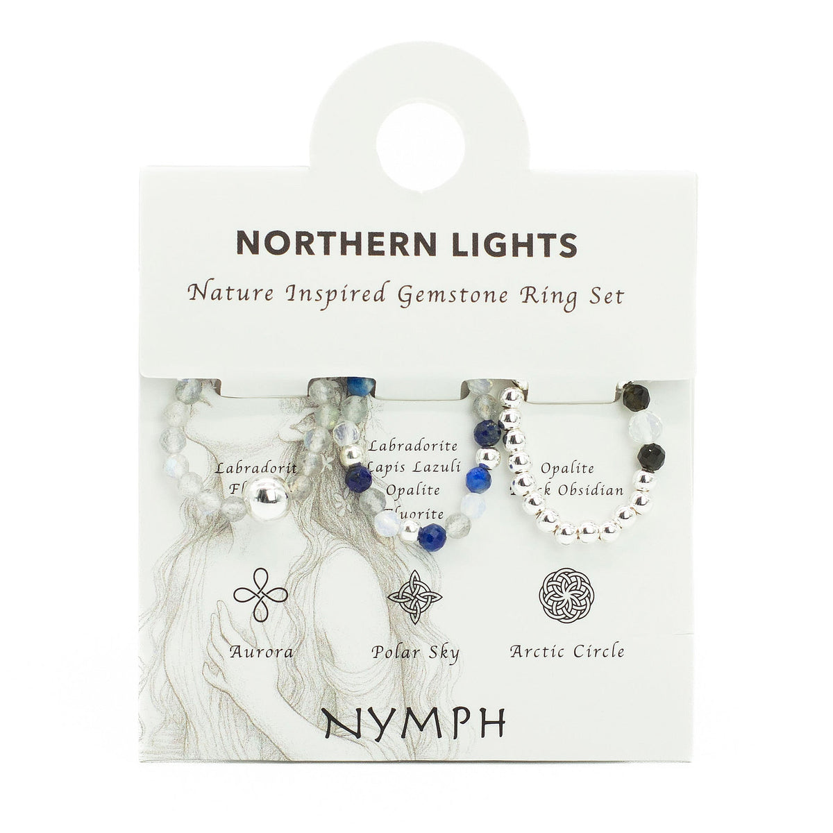 Mystical Nymph Spirit Gemstone 3-Ring Set – Northern Lights attached to an illustrated branded display card with celestial symbols by Quintessential Holistic Health Ltd