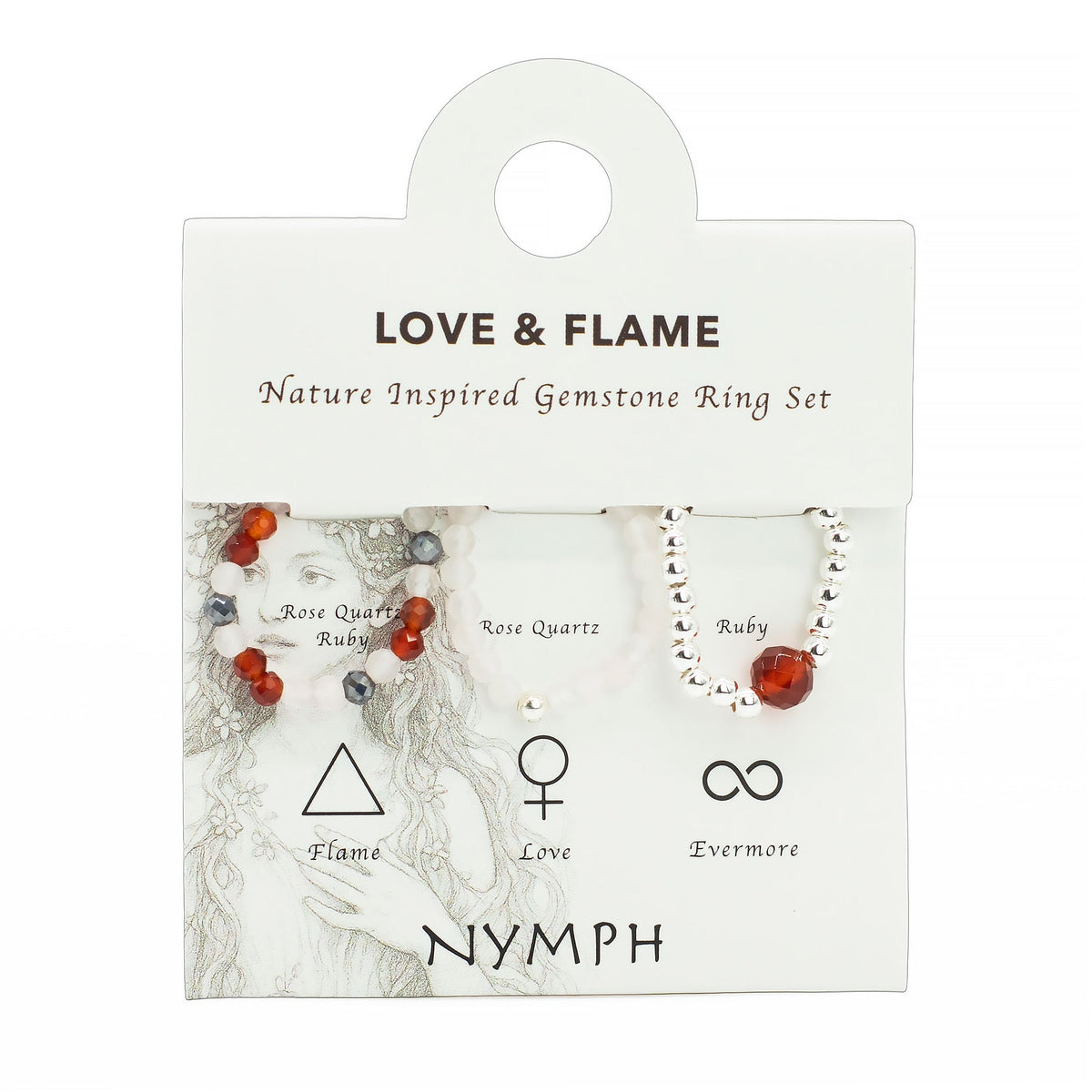 Mystical Nymph Spirit Gemstone 3 Ring Set - Love and Flame displayed on a white illustrated card with elemental symbols by Quintessential Holistic Health Ltd