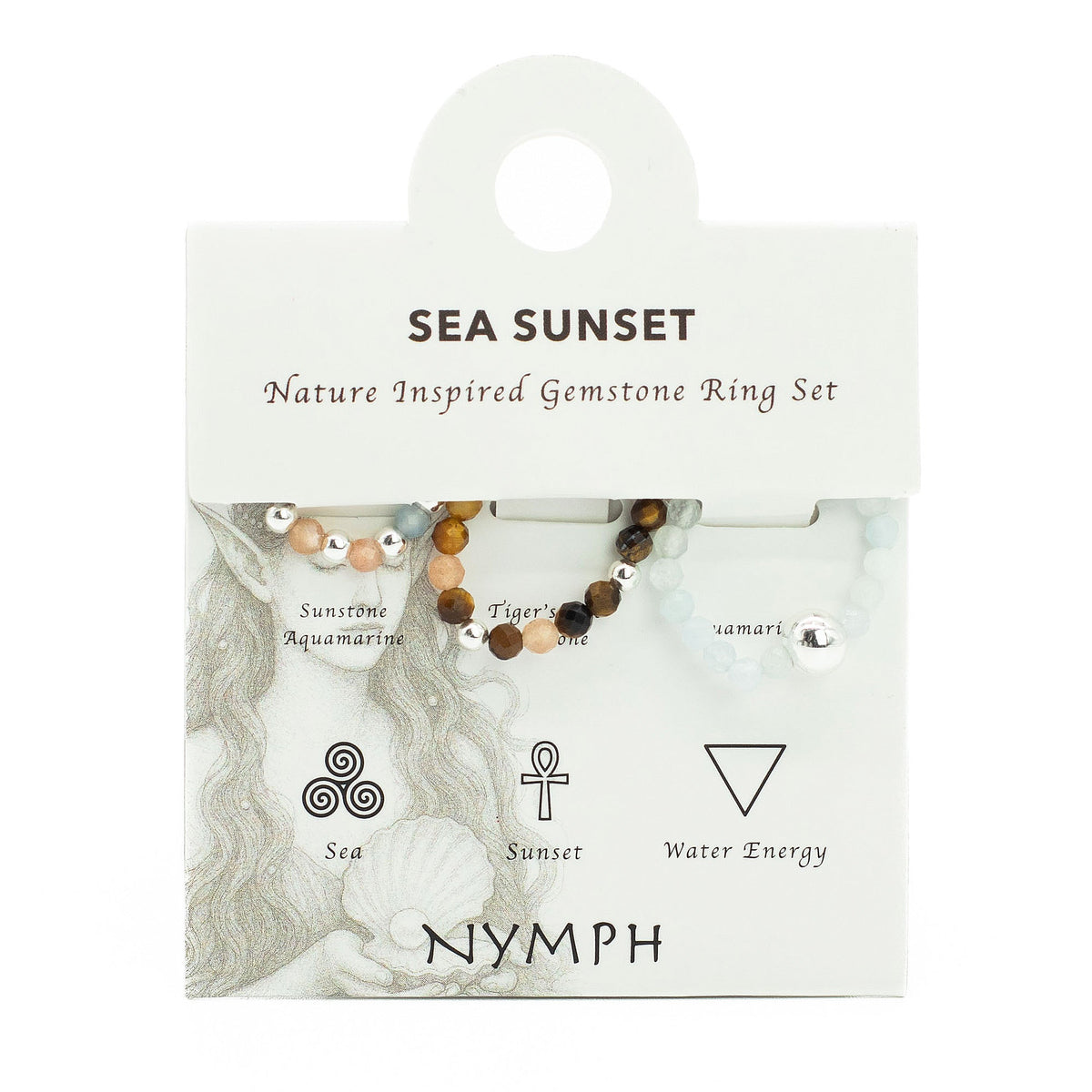 Mystical Nymph Spirit Gemstone 3-Ring Set – Sea Sunset attached to an illustrated branded display card with elemental symbols by Quintessential Holistic Health Ltd