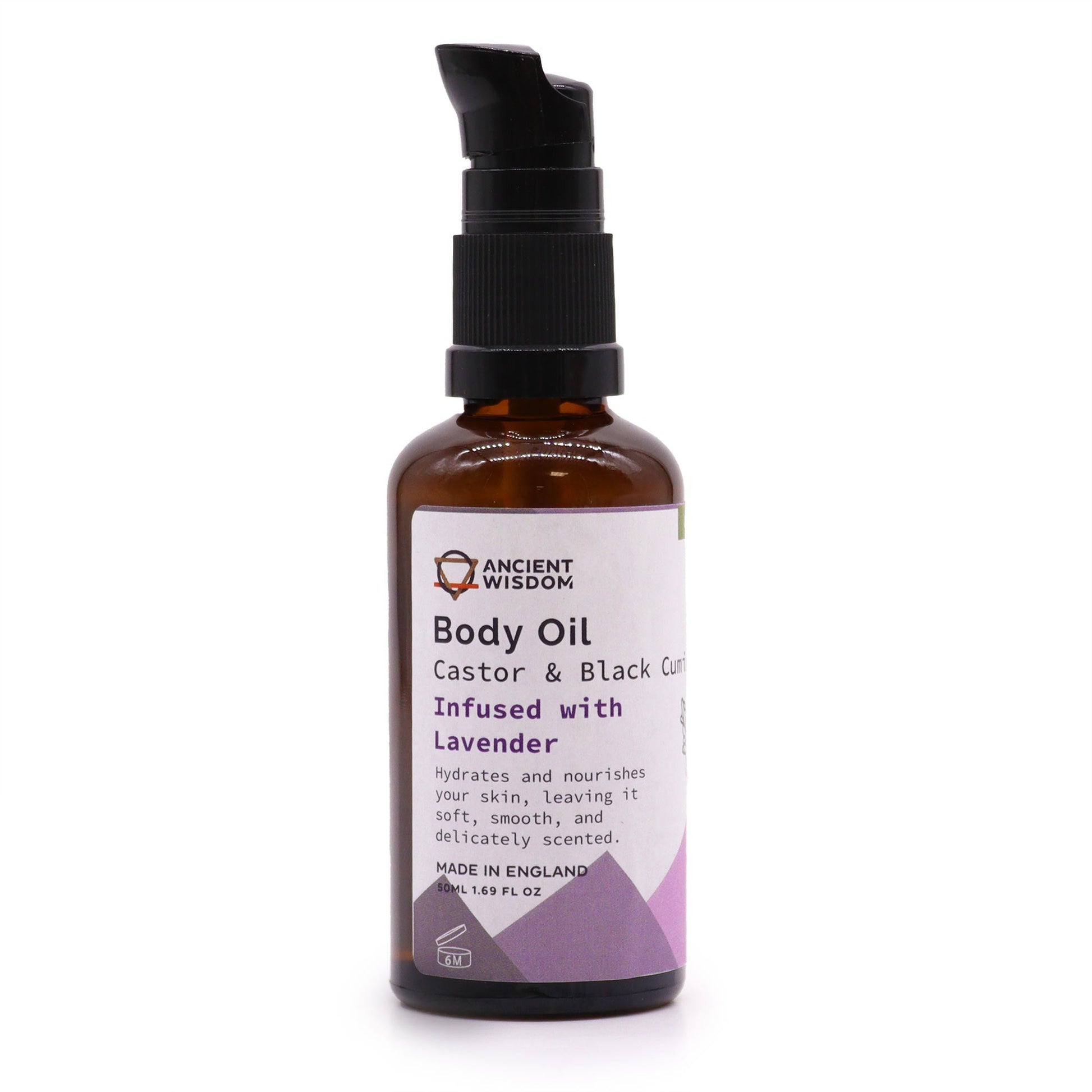 Organic Vegan-Friendly Lavender Body Oil - 50ml, in a brown pump bottle with a purple geometric label, by Quintessential Holistic Health Ltd