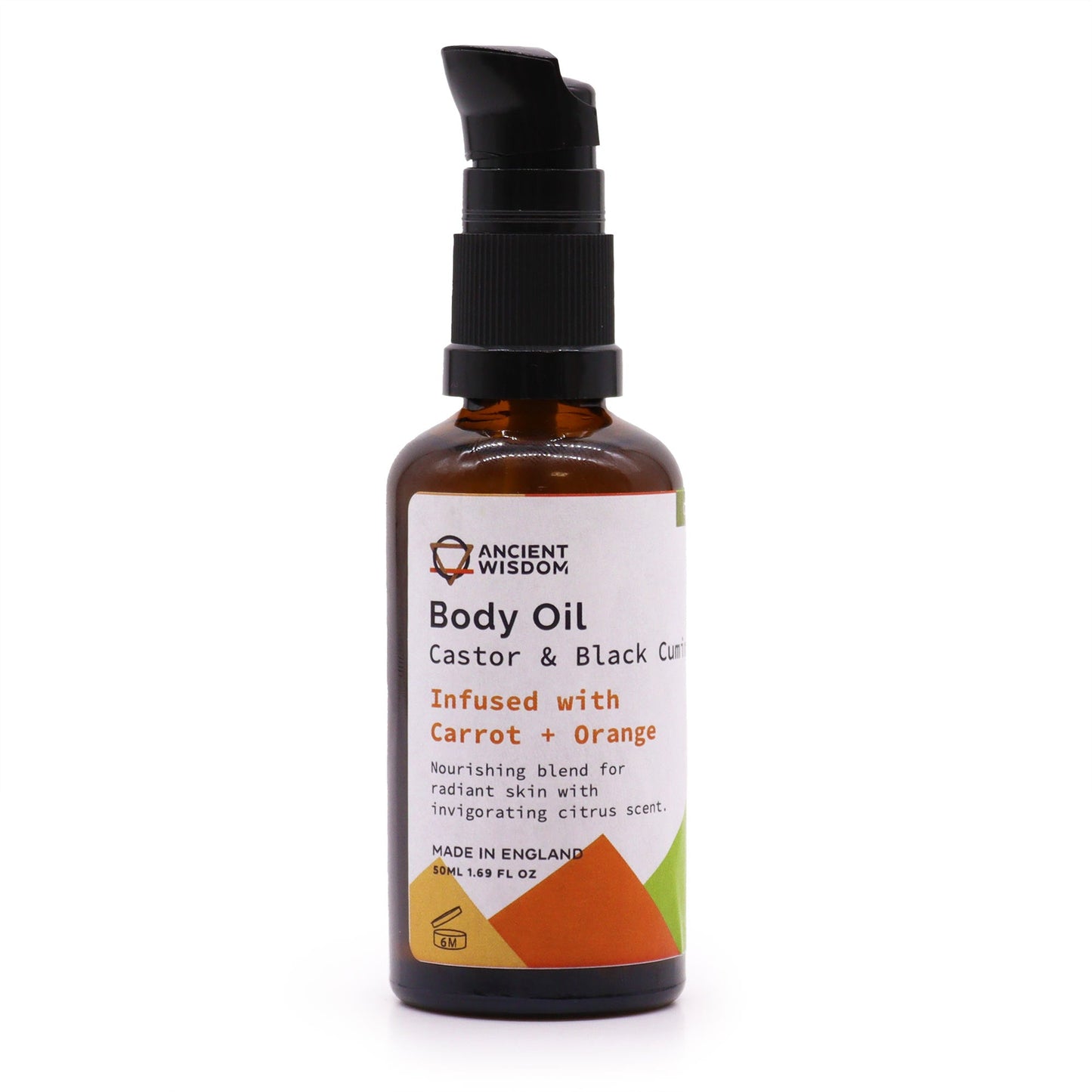 Organic Vegan-Friendly Carrot and Orange Body Oil - 50ml, in a brown pump bottle with an orange and green geometric label, by Quintessential Holistic Health Ltd