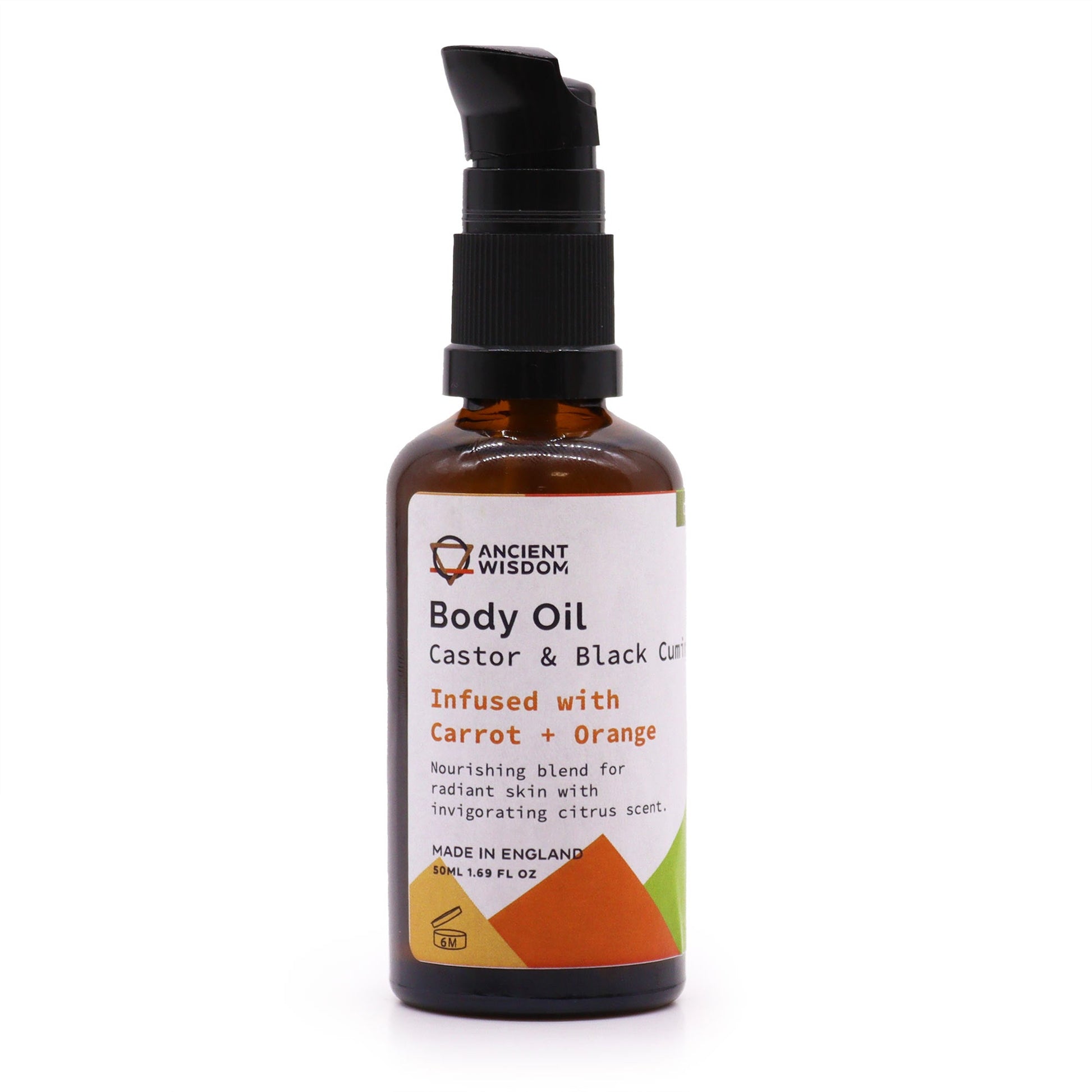 Organic Vegan-Friendly Carrot and Orange Body Oil - 50ml, in a brown pump bottle with an orange and green geometric label, by Quintessential Holistic Health Ltd