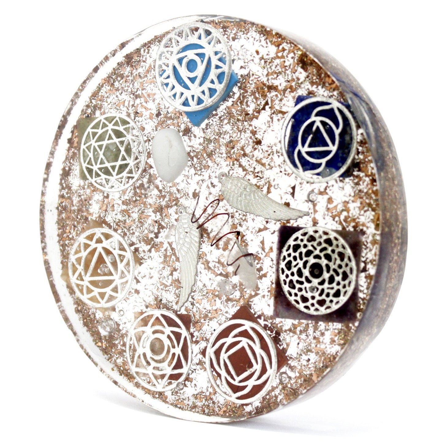 Handmade Orgonite Desk Power Pack / Paperweight - Large / Round / Angel Chakra / Brown and Gold product packaging on clean background from Quintessential Holistic Health Ltd