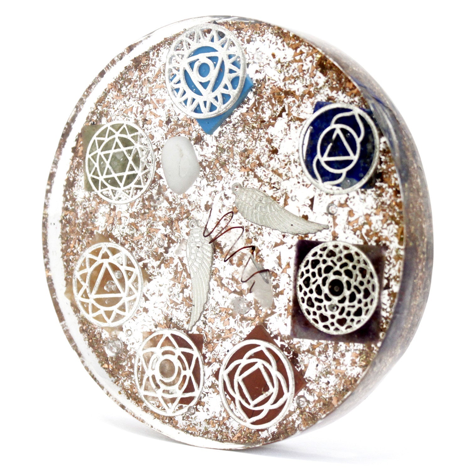Handmade Orgonite Desk Power Pack / Paperweight - Large / Round / Angel Chakra / Brown and Gold product packaging on clean background from Quintessential Holistic Health Ltd