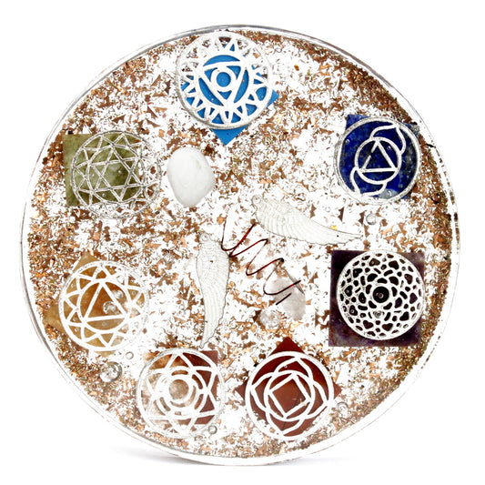Handmade Orgonite Desk Power Pack / Paperweight - Large / Round / Angel Chakra / Brown and Gold product packaging on clean background from Quintessential Holistic Health Ltd