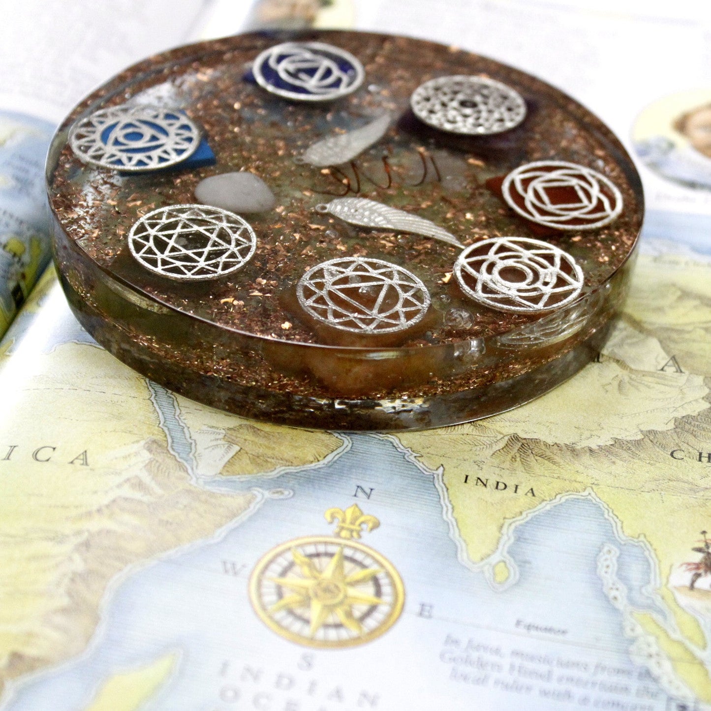 Handmade Orgonite Desk Power Pack / Paperweight - Large / Round / Angel Chakra / Brown and Gold product packaging on clean background from Quintessential Holistic Health Ltd