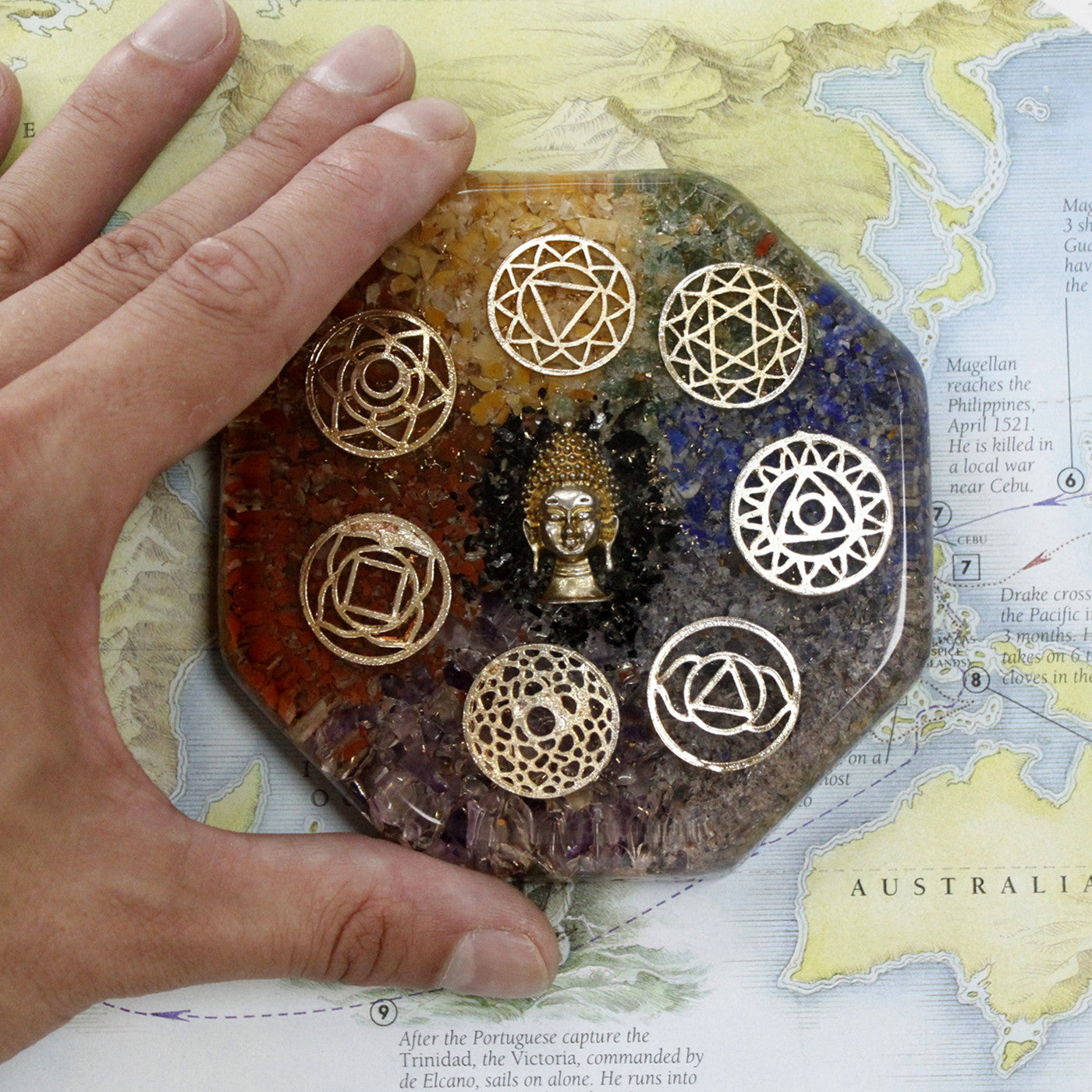 Handmade Orgonite Desk Power Pack / Paperweight - Large / Round / Angel Chakra / Brown and Gold product packaging on clean background from Quintessential Holistic Health Ltd