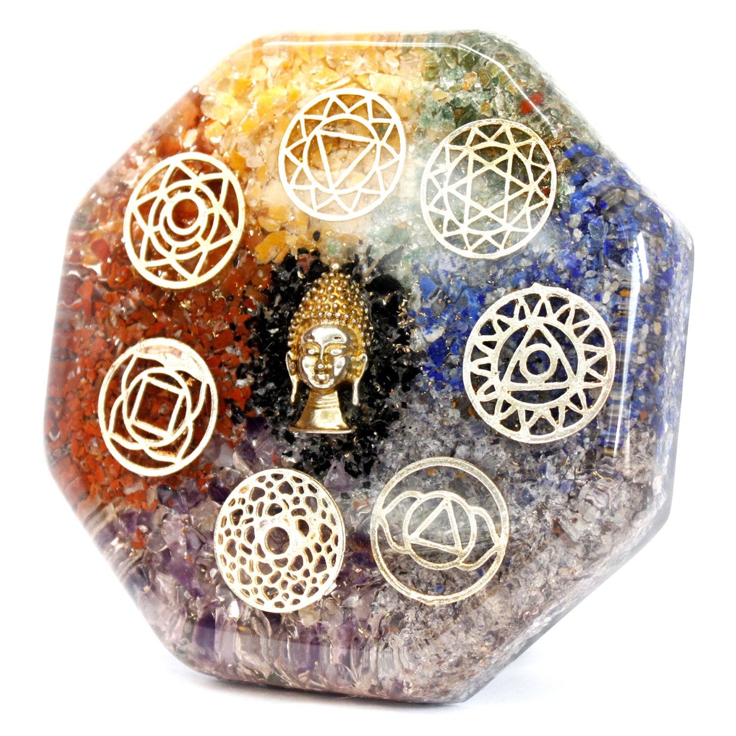 Handmade Orgonite Desk Power Pack / Paperweight - Large / Octagonal / Buddha Chakra / Multicoloured product packaging on clean background from Quintessential Holistic Health Ltd