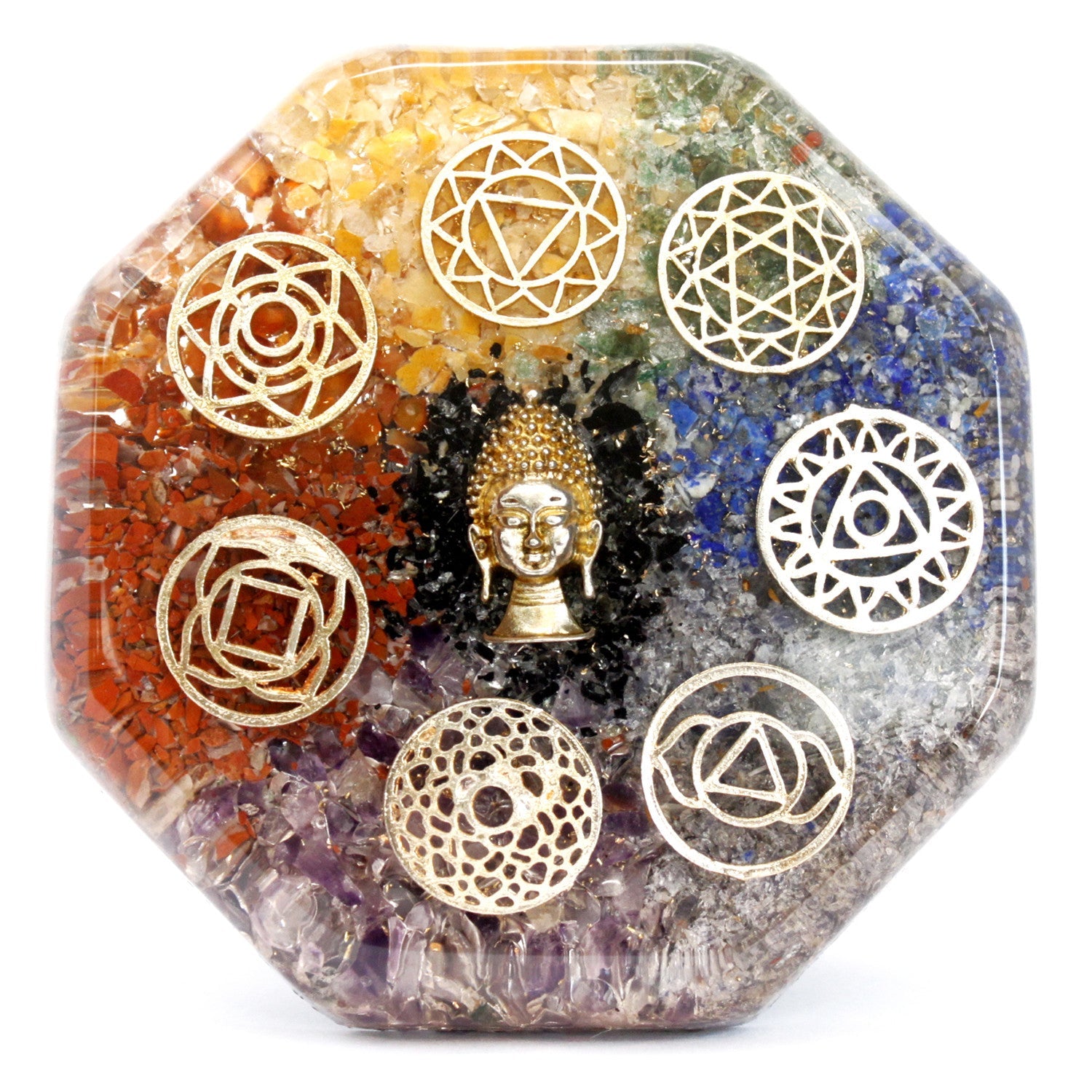Handmade Orgonite Desk Power Pack / Paperweight - Large / Octagonal / Buddha Chakra / Multicoloured product packaging on clean background from Quintessential Holistic Health Ltd