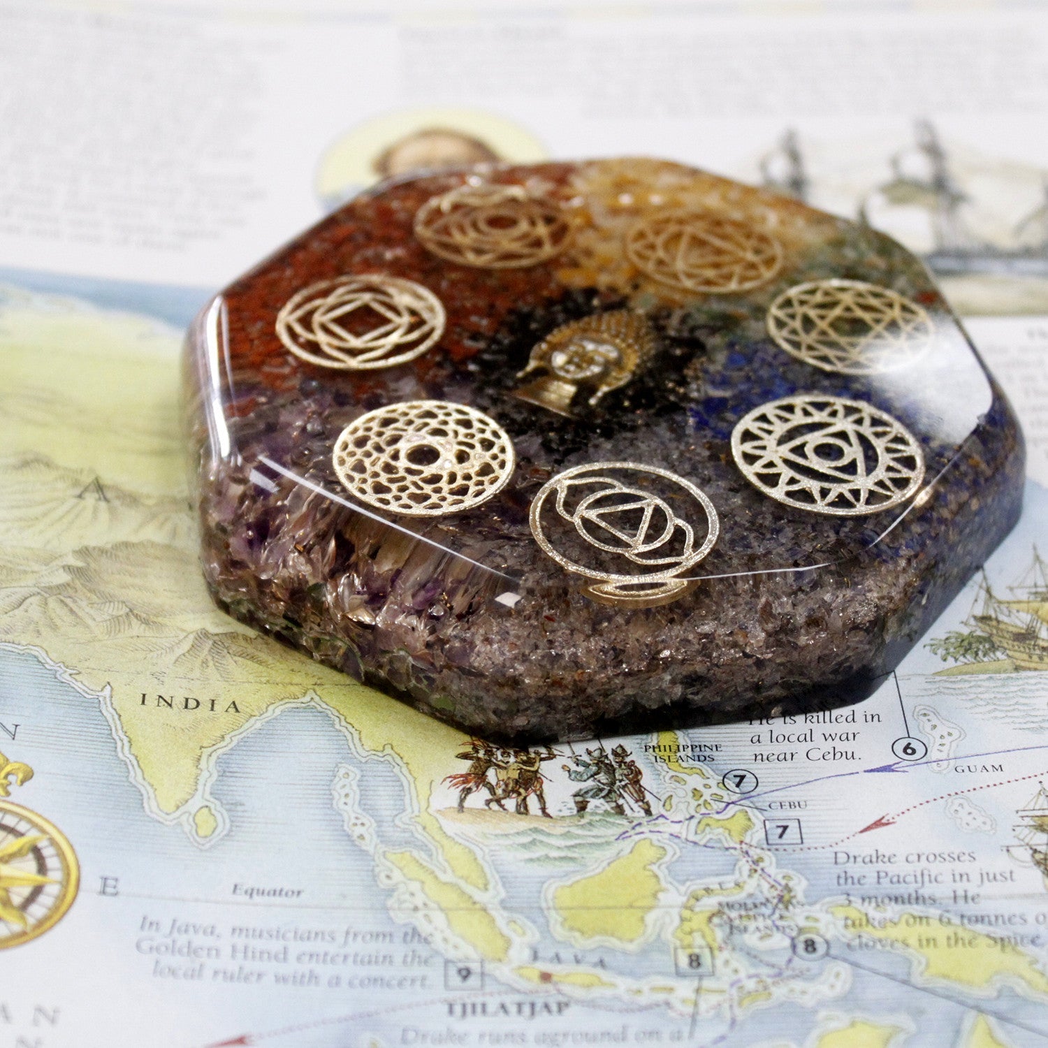 Handmade Orgonite Desk Power Pack / Paperweight - Large / Octagonal / Buddha Chakra / Multicoloured product packaging on clean background from Quintessential Holistic Health Ltd