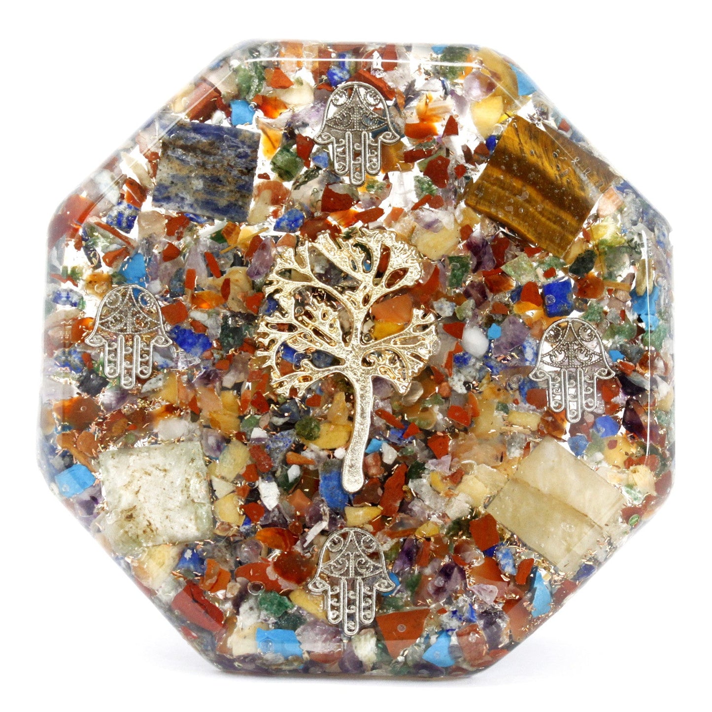 Handmade Orgonite Desk Power Pack / Paperweight - Large / Octagonal / Tree of Life / Multicoloured and Gold product packaging on clean background from Quintessential Holistic Health Ltd