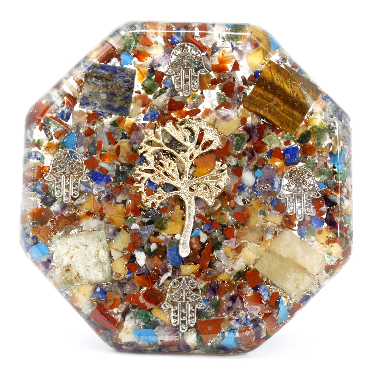 Handmade Orgonite Desk Power Pack / Paperweight - Large / Octagonal / Tree of Life / Multicoloured and Gold product packaging on clean background from Quintessential Holistic Health Ltd